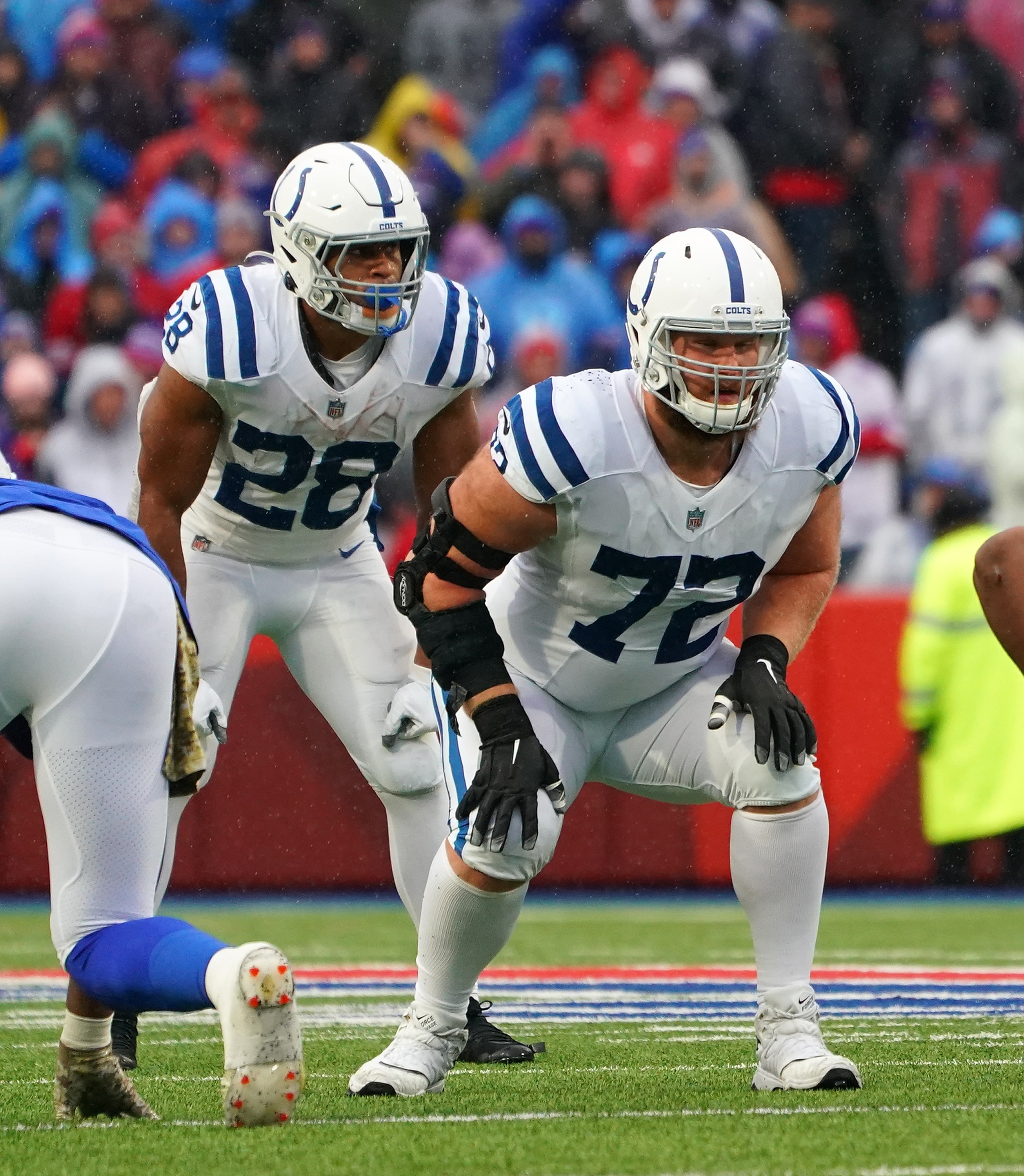 ORCHARD PARK, NEW YORK - NOVEMBER 21: Jonathan Taylor #28 and Braden Smith #72 of the Indianapolis Colts during the game against the Buffalo Bills at Highmark Stadium on November 21, 2021 in Orchard Park, New York. (Photo by Kevin Hoffman/Getty Images)