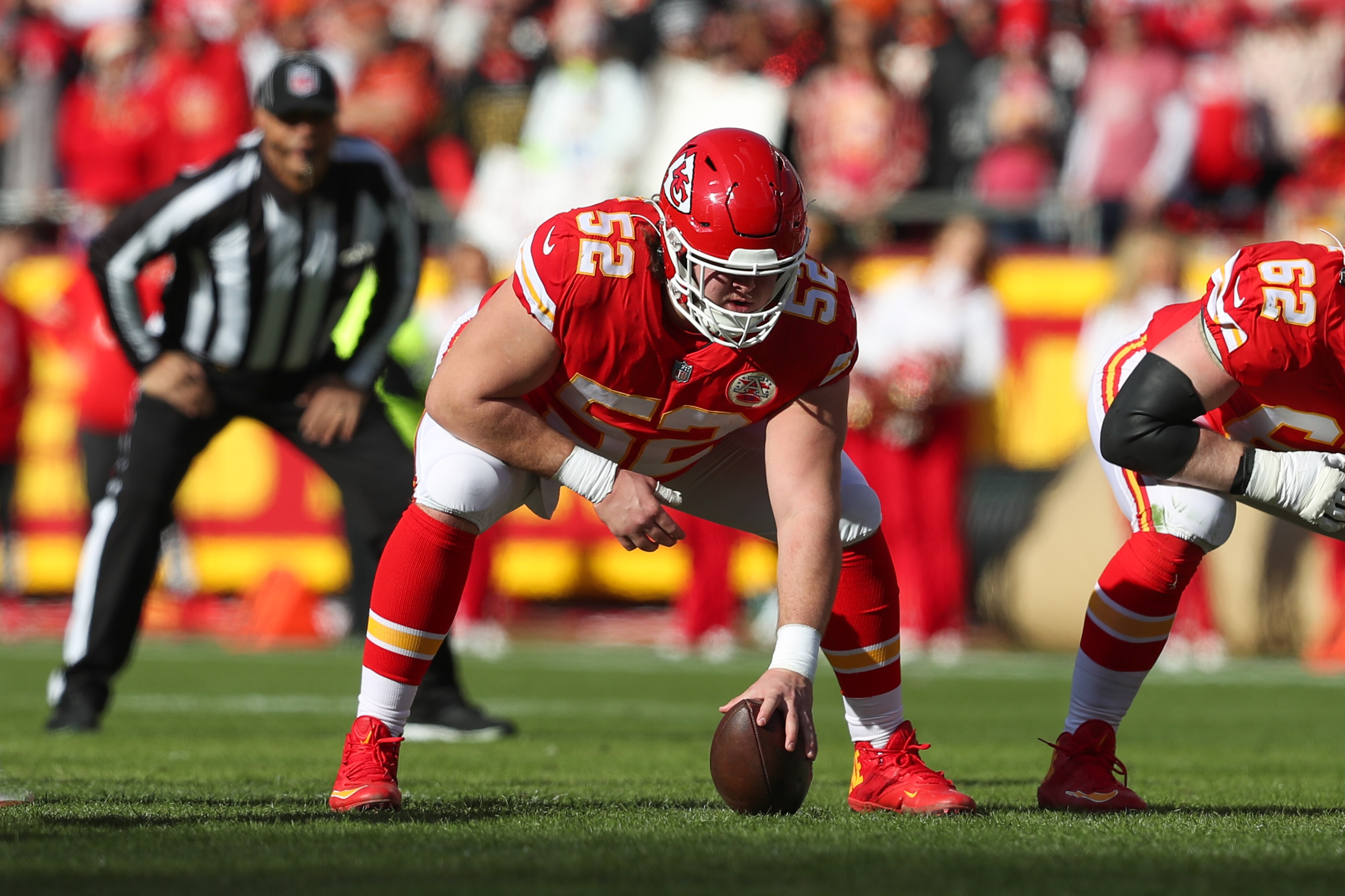 KANSAS CITY, MO - JANUARY 30: Kansas City Chiefs center Creed Humphrey (52) before the snap in the first quarter of the AFC Championship game between the Cincinnati Bengals and Kansas City Chiefs on Jan 30, 2022 at GEHA Field at Arrowhead Stadium in Kansas City, MO. (Photo by Scott Winters/Icon Sportswire via Getty Images)