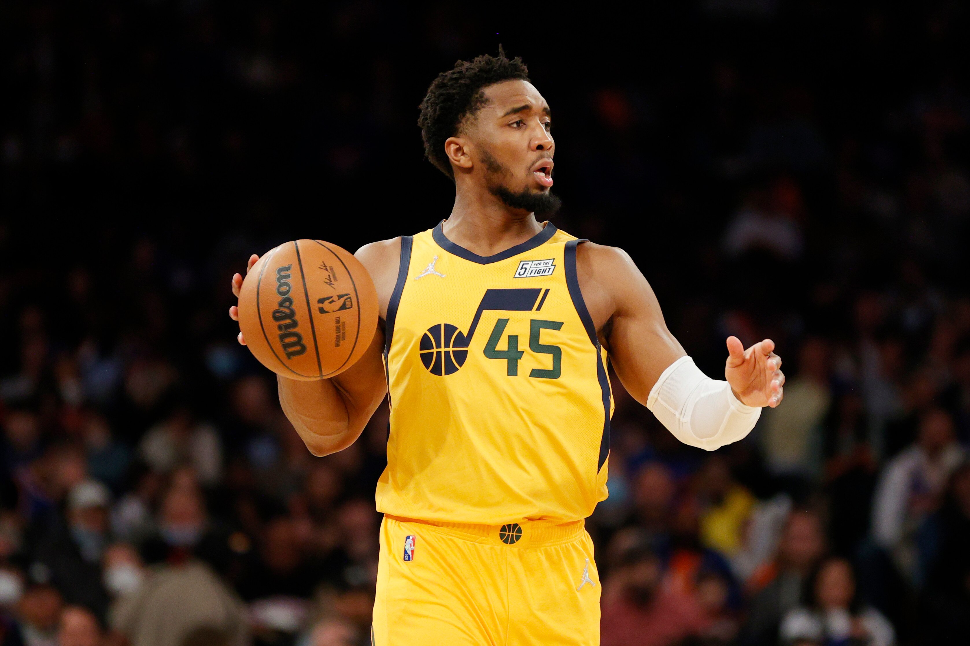 NEW YORK, NEW YORK - MARCH 20: Donovan Mitchell #45 of the Utah Jazz dribbles during the second half against the New York Knicks at Madison Square Garden on March 20, 2022 in New York City. The Jazz won 108-93. NOTE TO USER: User expressly acknowledges and agrees that, by downloading and or using this photograph, User is consenting to the terms and conditions of the Getty Images License Agreement. (Photo by Sarah Stier/Getty Images)