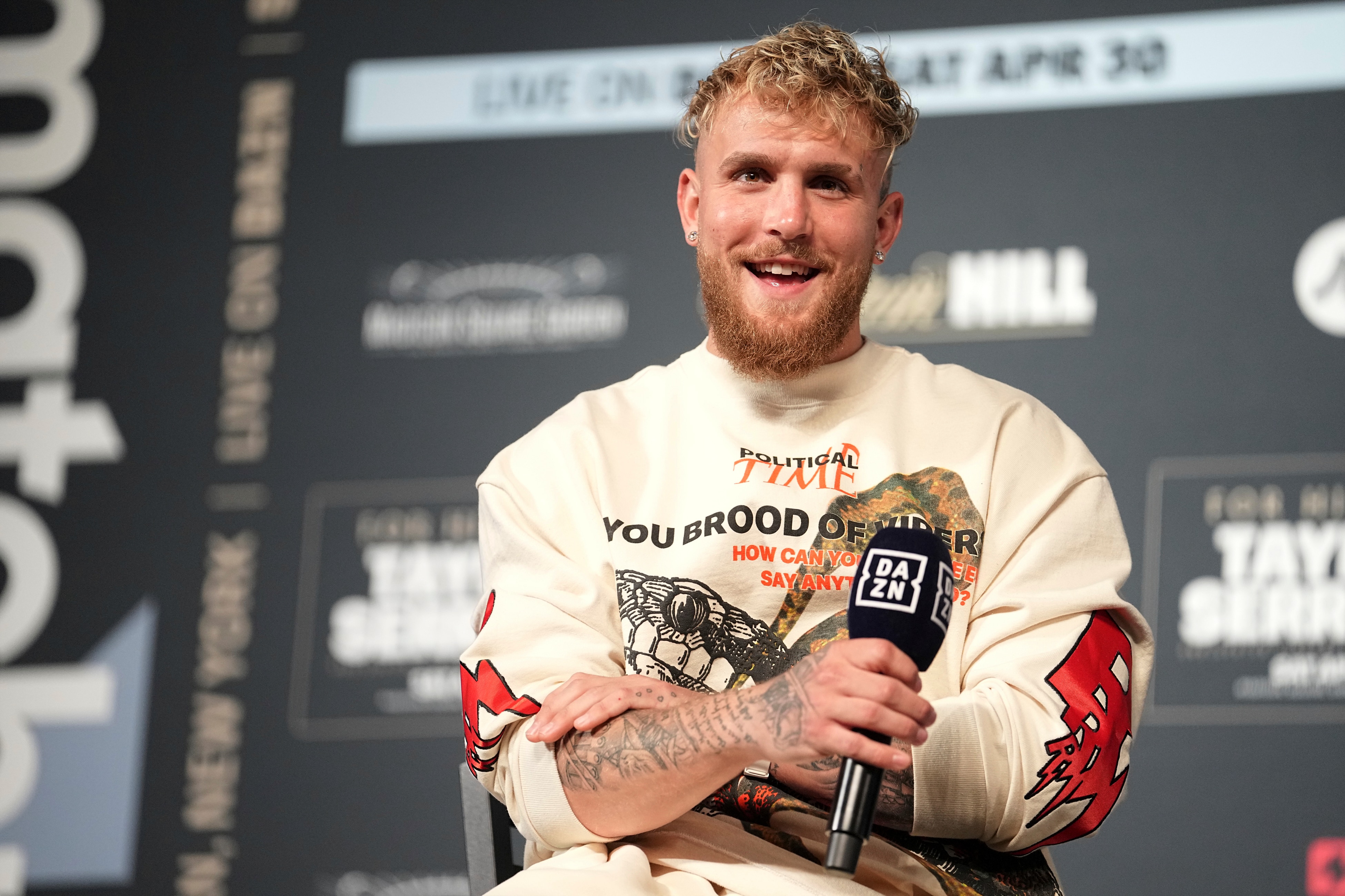Boxing: Promoter Jake Paul speaks during the Weigh-In leading up to the World Lightweight Title fight between Katie Taylor and Amanda Serrano  at The Hulu Theater at Madison Square Garden.
New York City, NY 4/29/2022
CREDIT: Erick W. Rasco (Photo by Erick W. Rasco/Sports Illustrated via Getty Images)
(Set Number: X164036 TK1)