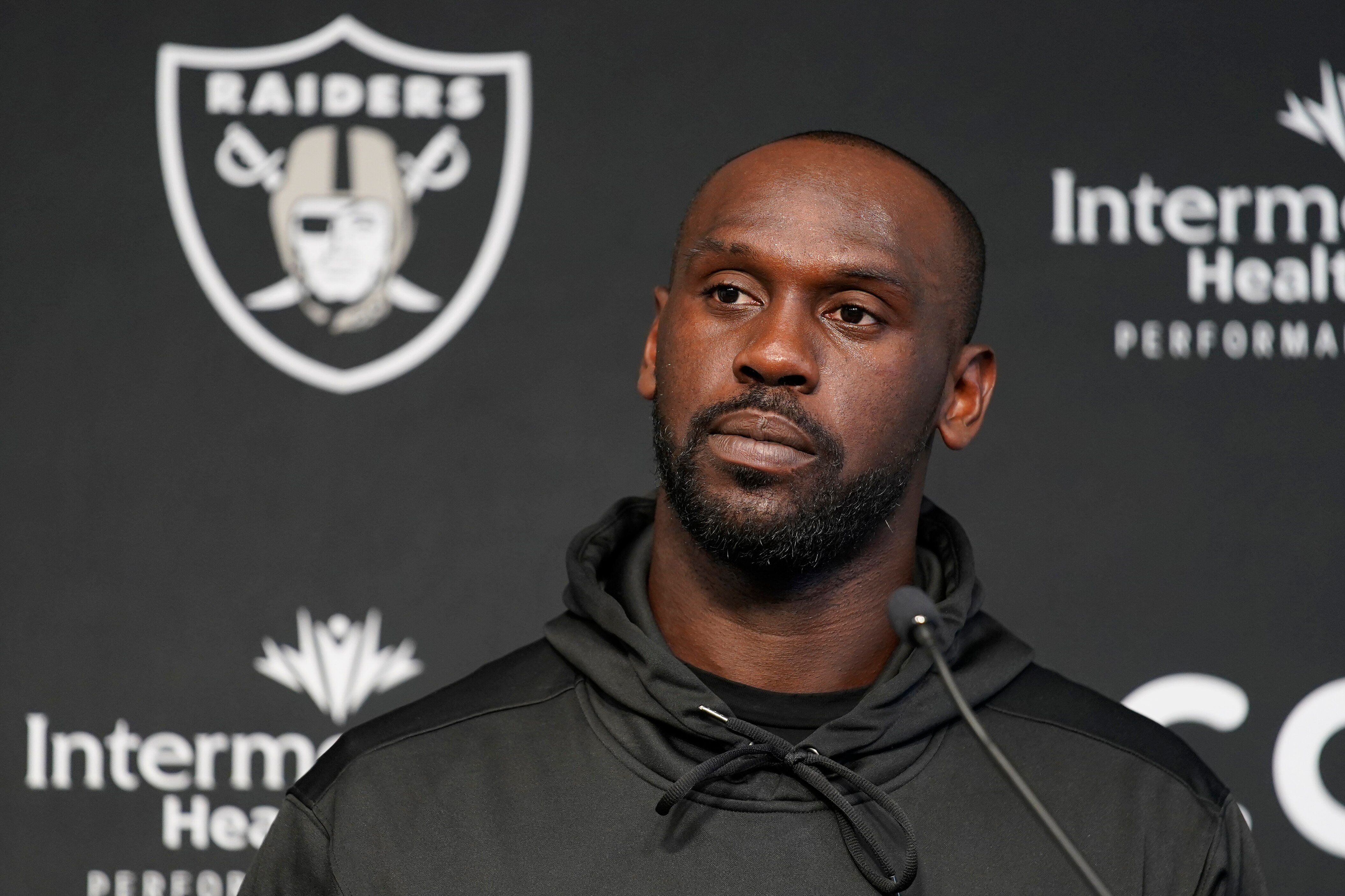 Las Vegas Raiders' Chandler Jones speaks during a news conference at the NFL football team's practice facility Thursday, June 2, 2022, in Henderson, Nev. (AP Photo/John Locher)