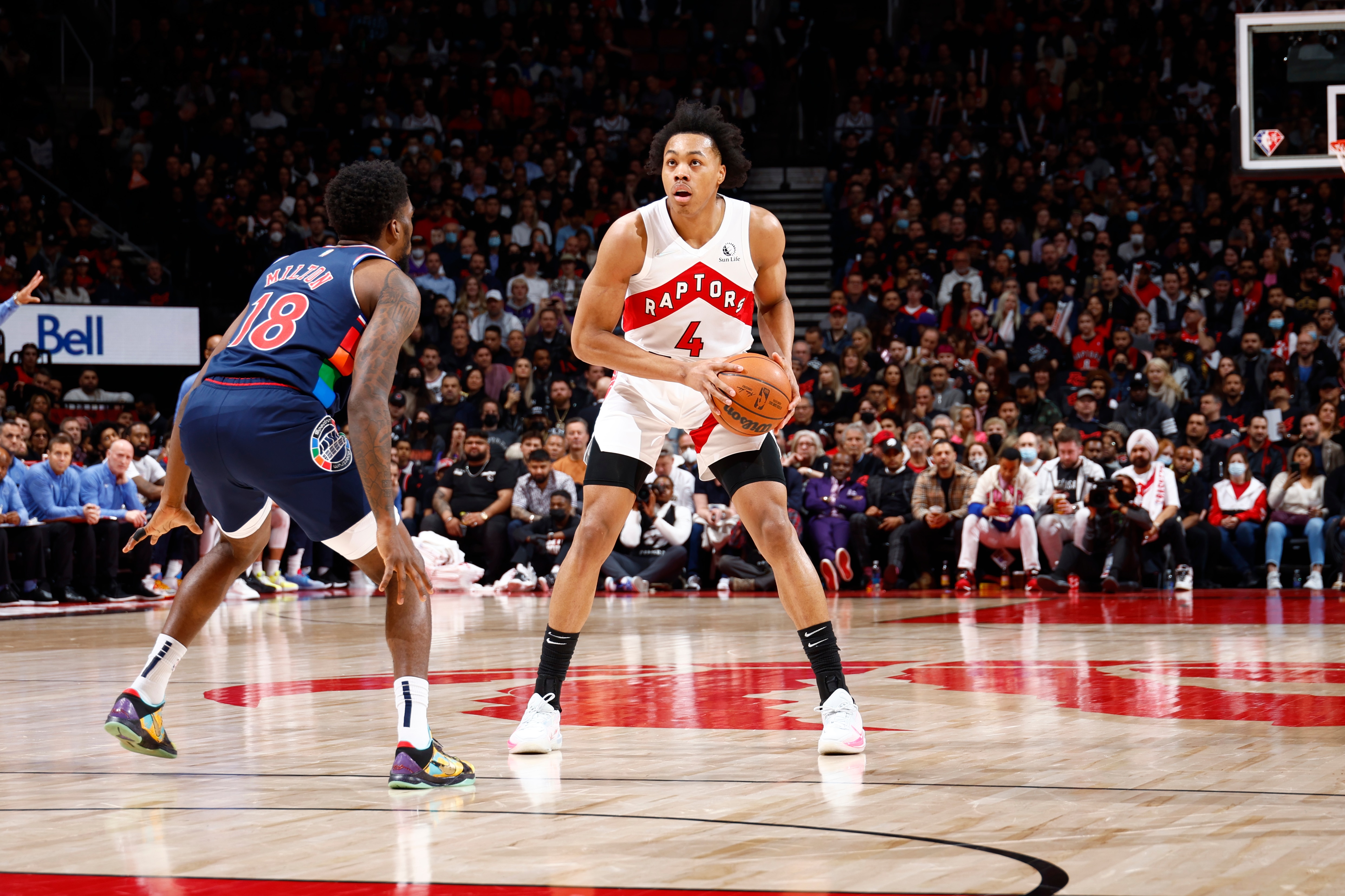 TORONTO, CANADA - APRIL 28: Scottie Barnes #4 of the Toronto Raptors looks on during the game against the Philadelphia 76ers during Round 1 Game 6 of the 2022 NBA Playoffs on April 28, 2022 at the Scotiabank Arena in Toronto, Ontario, Canada.  NOTE TO USER: User expressly acknowledges and agrees that, by downloading and or using this Photograph, user is consenting to the terms and conditions of the Getty Images License Agreement.  Mandatory Copyright Notice: Copyright 2022 NBAE (Photo by Vaughn Ridley/NBAE via Getty Images)