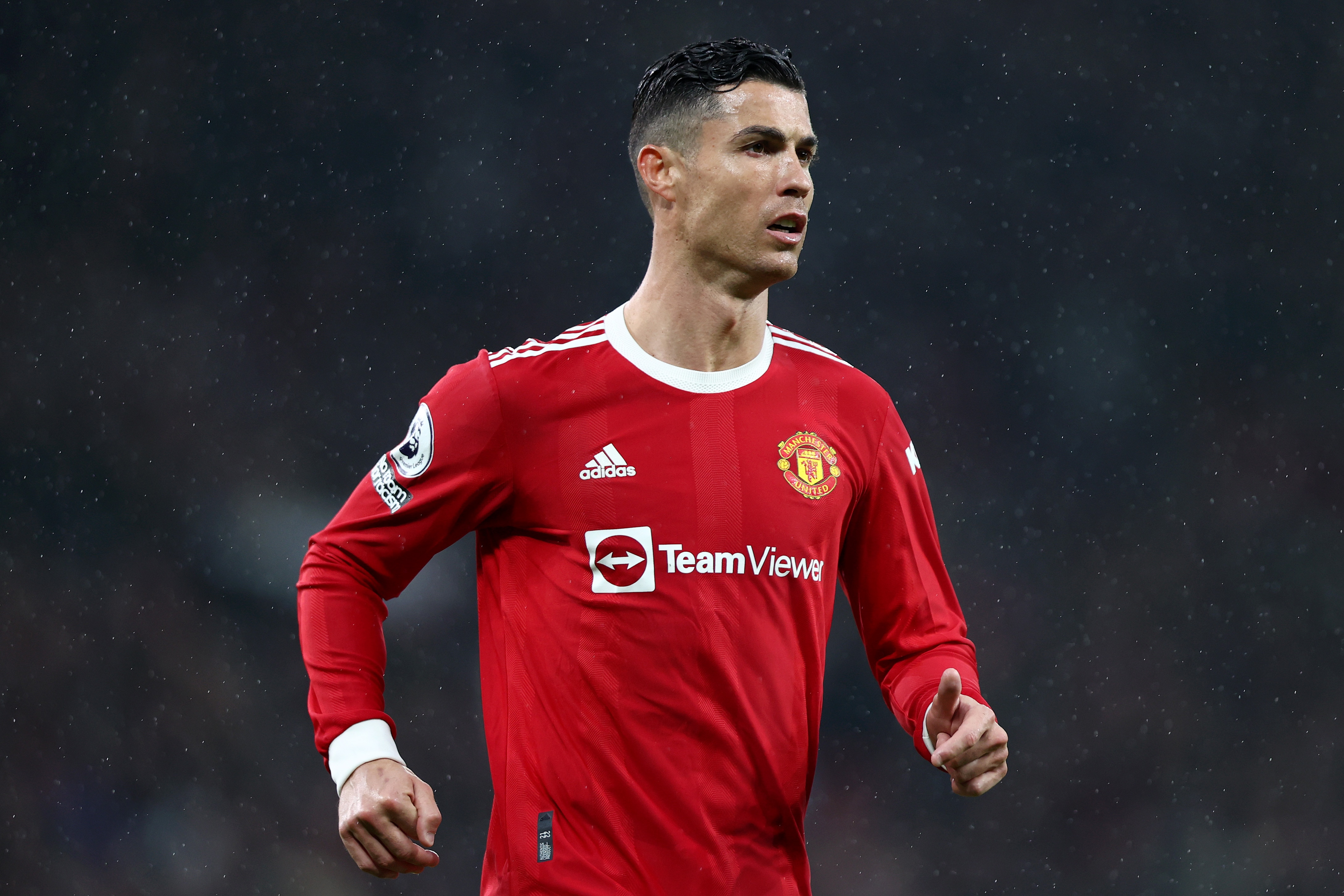 MANCHESTER, ENGLAND - MAY 02: Cristiano Ronaldo of Manchester United looks on during the Premier League match between Manchester United and Brentford at Old Trafford on May 02, 2022 in Manchester, England. (Photo by Naomi Baker/Getty Images)