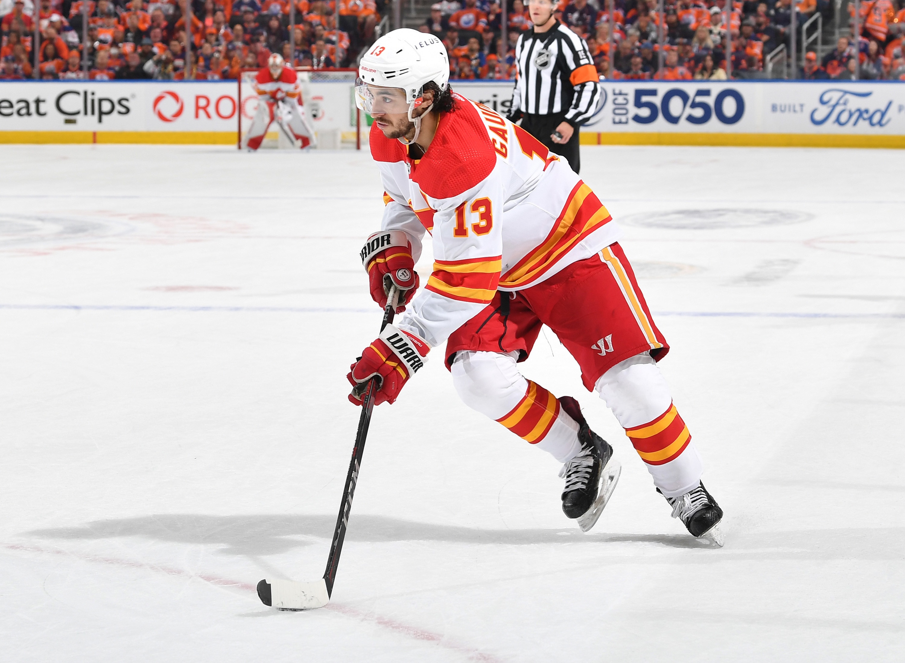 EDMONTON, AB - May 22: Johnny Gaudreau #13 of the Calgary Flames skates during Game Three of the Second Round of the 2022 Stanley Cup Playoffs against the Edmonton Oilers on May 22, 2022 at Rogers Place in Edmonton, Alberta, Canada. (Photo by Andy Devlin/NHLI via Getty Images)