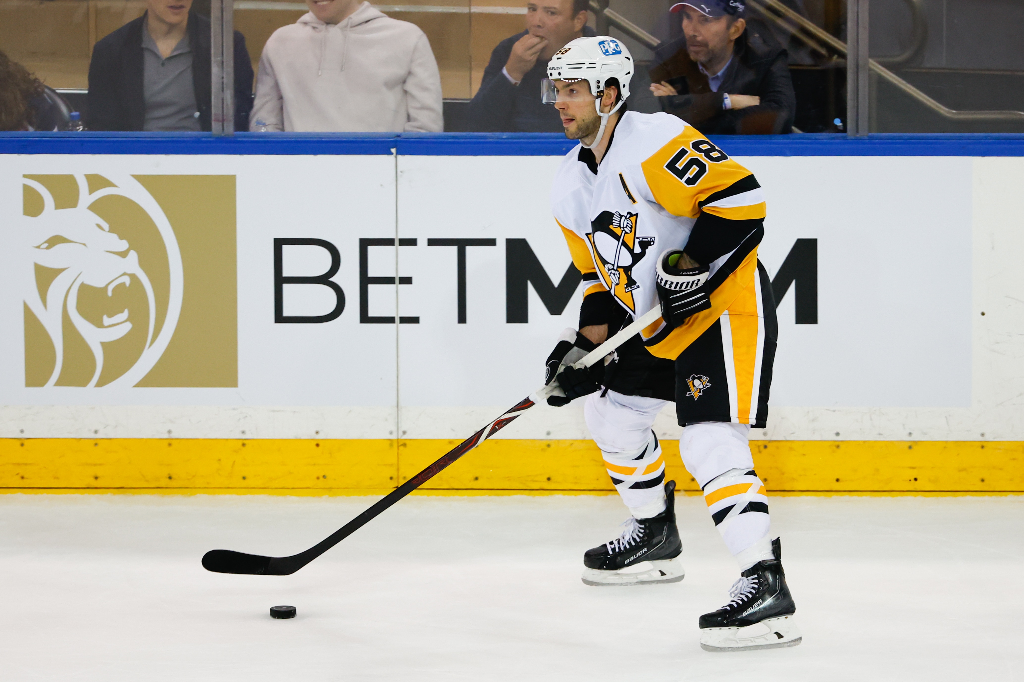 NEW YORK, NY - MAY 11:  Pittsburgh Penguins defenseman Kris Letang (58) skates during  game 5 of round 1 of the Stanley Cup Playoffs between the New York Rangers and the Pittsburgh Penguins on May 11, 2022 at Madison Square Garden in New York City, New York (Photo by Rich Graessle/Icon Sportswire via Getty Images)