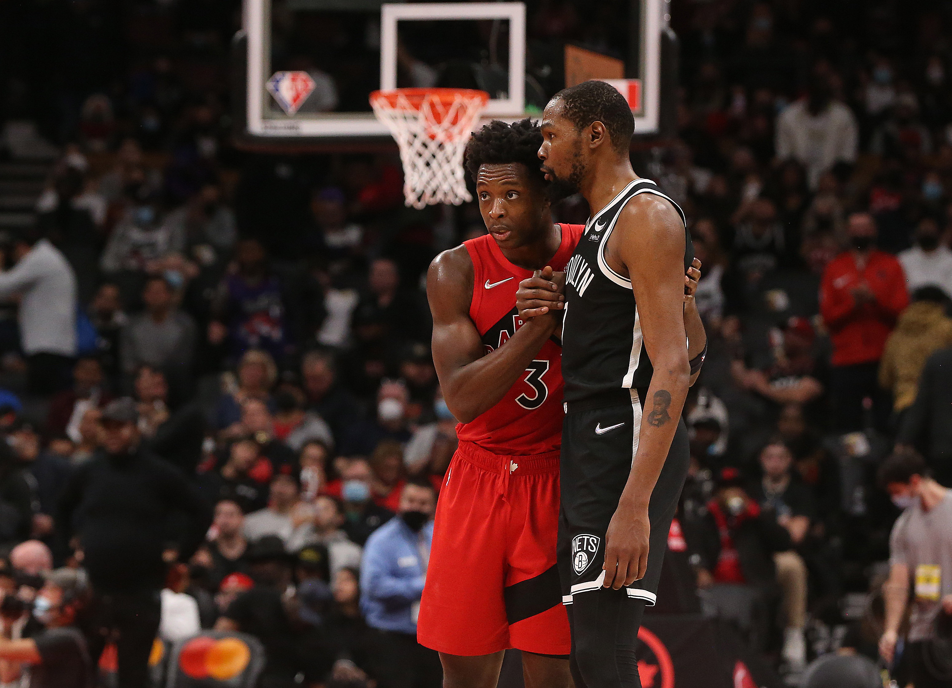 TORONTO, ON - NOVEMBER 7  -  Toronto Raptors forward OG Anunoby (3) congratulates Brooklyn Nets forward Kevin Durant (7) as the Toronto Raptors play the Brooklyn Nets at Scotiabank Arena in Toronto. November 7, 2021.        (Steve Russell/Toronto Star via Getty Images)
