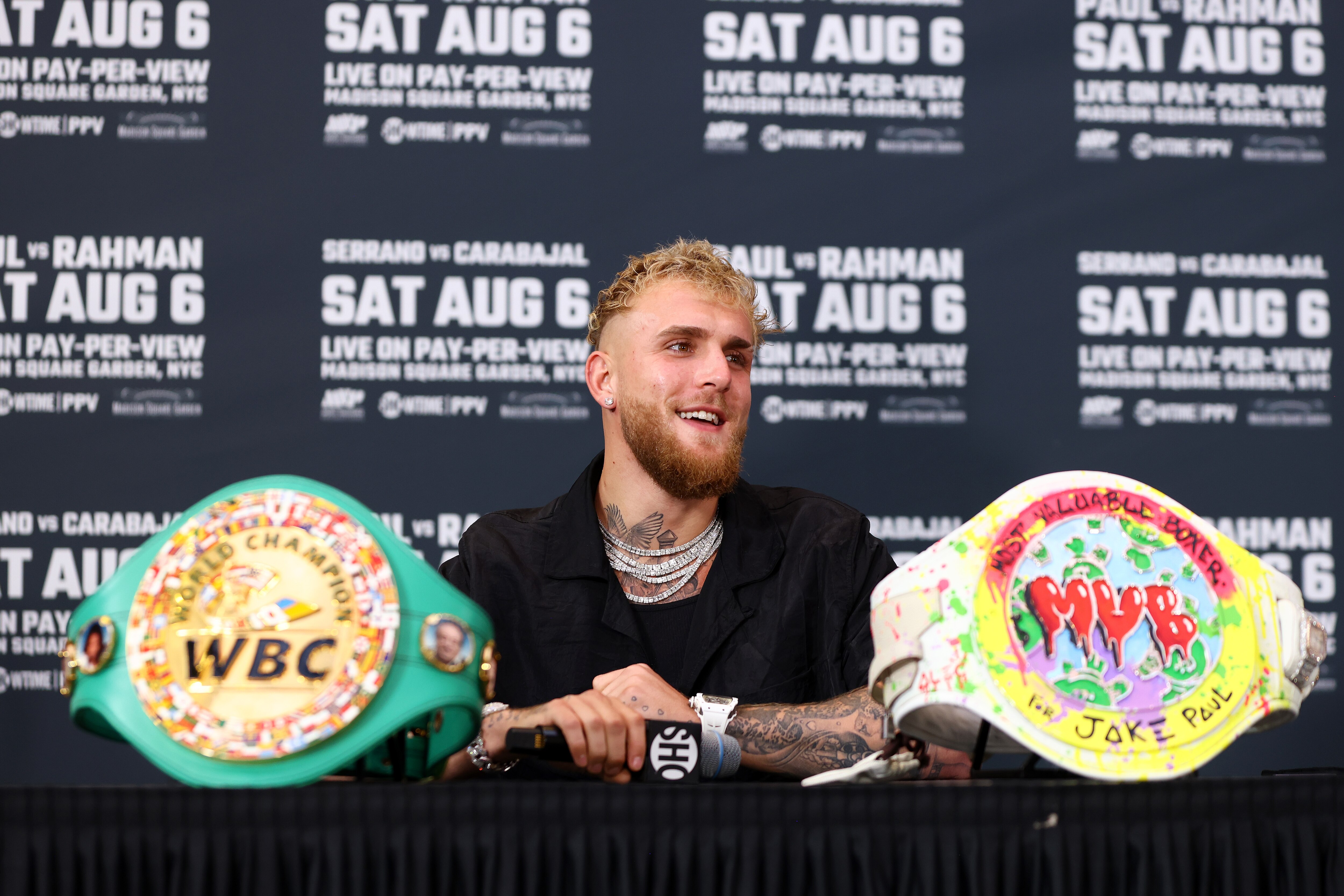 NEW YORK, NEW YORK - JULY 12: Jake Paul answers questions from the media during a press conference at Madison Square Garden on July 12, 2022 in New York City. (Photo by Mike Stobe/Getty Images)
