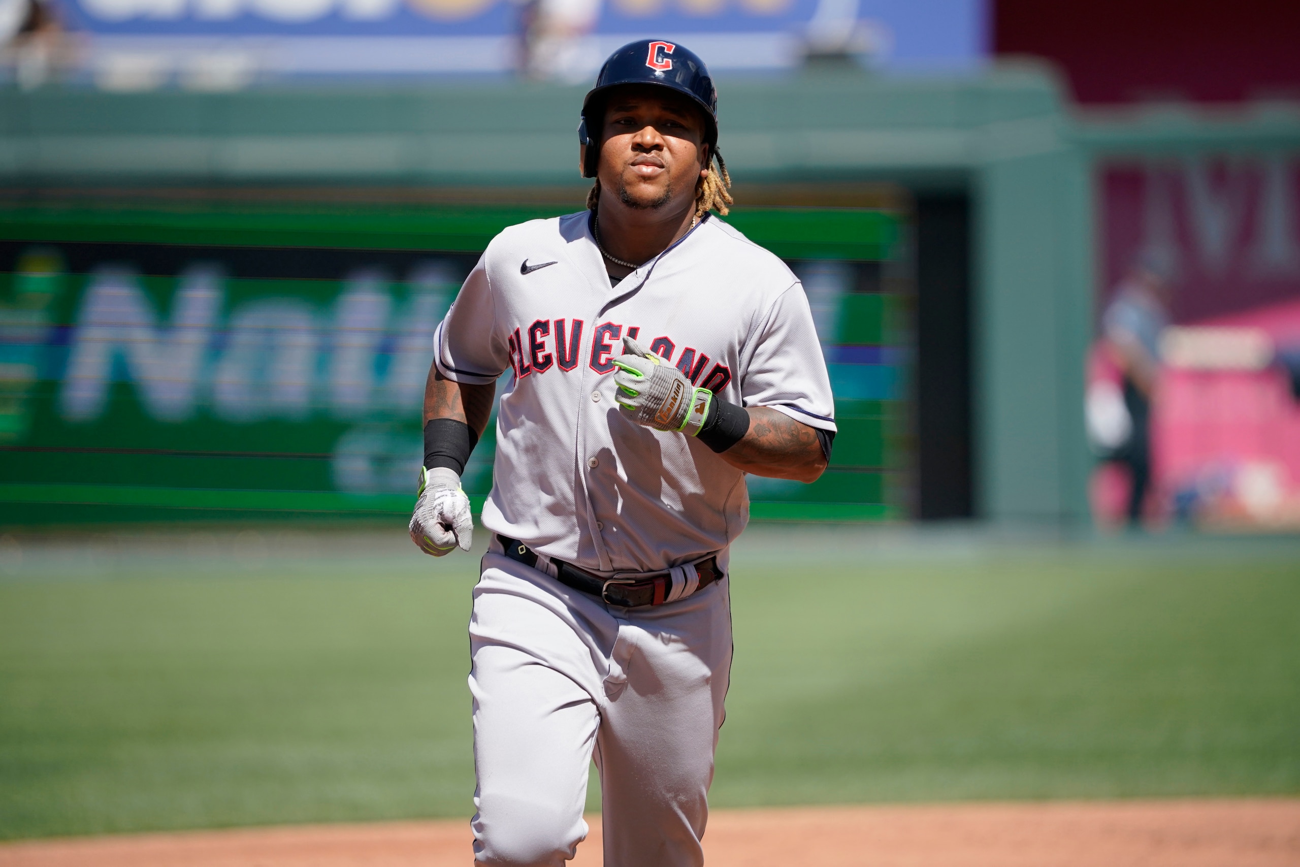 KANSAS CITY, MO - JULY 9: Jose Ramirez #11 of the Cleveland Guardians runs the bases after hitting a home run against the Kansas City Royals in the first inning at Kauffman Stadium on July 9, 2022 in Kansas City, Missouri. (Photo by Ed Zurga/Getty Images)