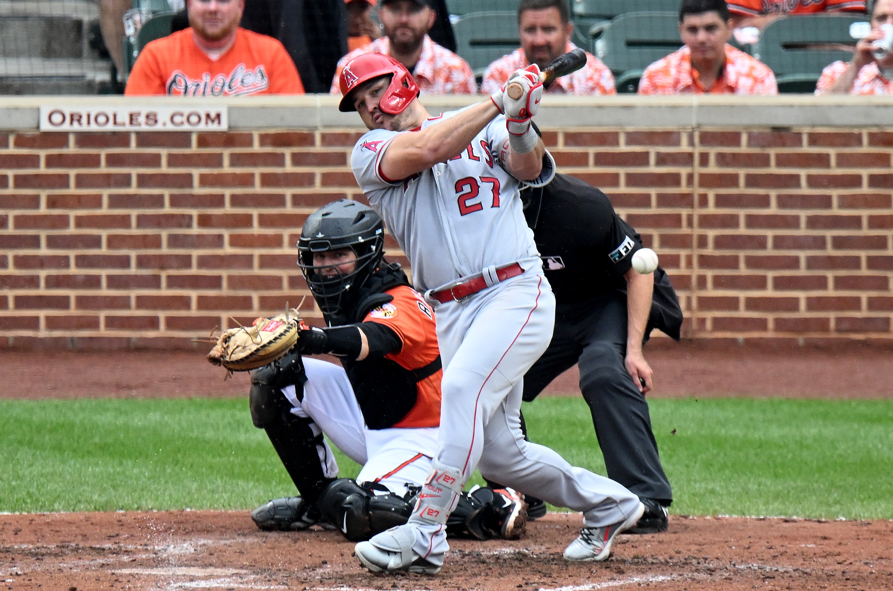 BALTIMORE, MARYLAND - JULY 09: Mike Trout #27 of the Los Angeles Angels bats against the Baltimore Orioles at Oriole Park at Camden Yards on July 09, 2022 in Baltimore, Maryland. (Photo by G Fiume/Getty Images)