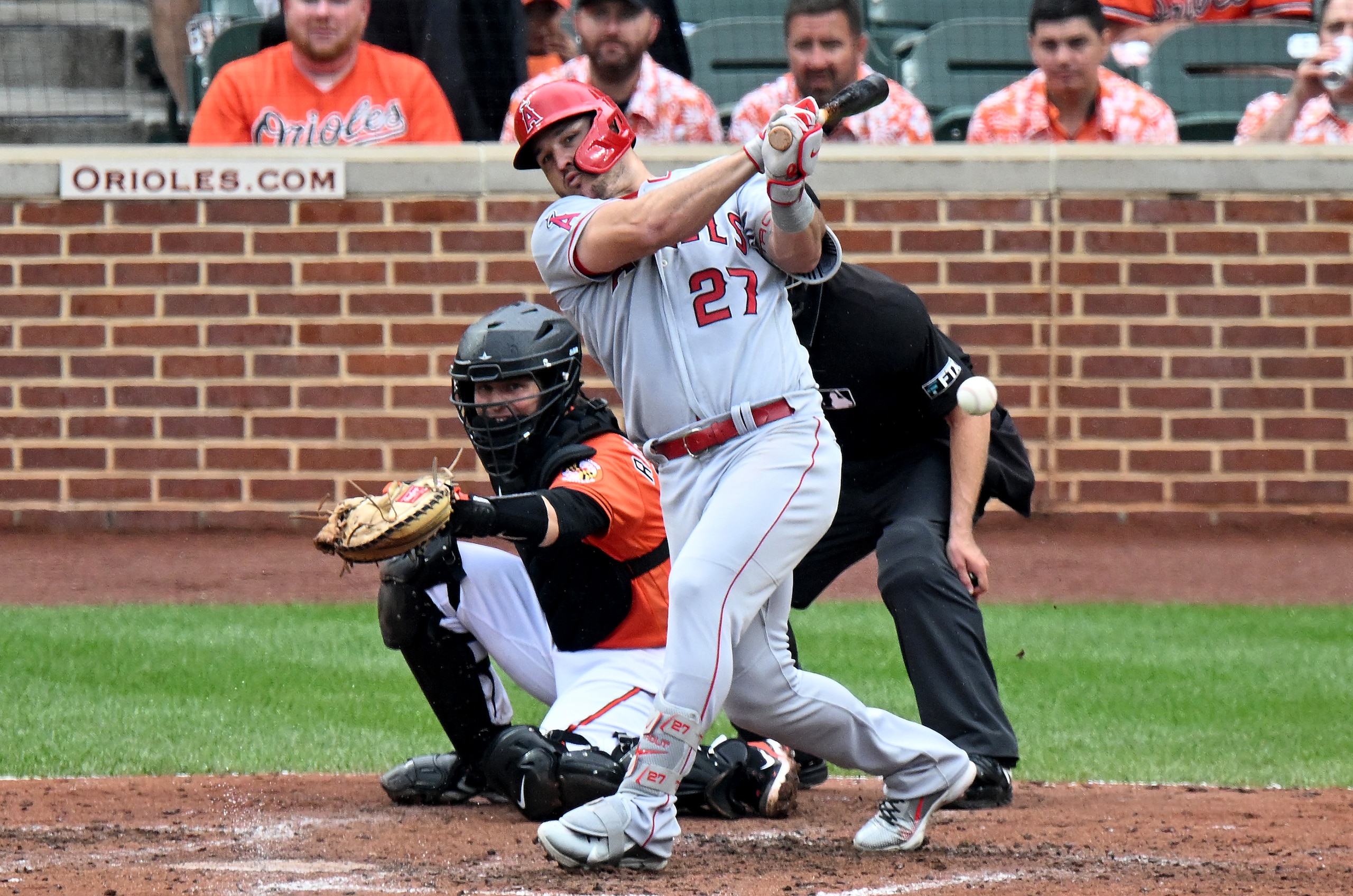 BALTIMORE, MARYLAND - JULY 09: Mike Trout #27 of the Los Angeles Angels bats against the Baltimore Orioles at Oriole Park at Camden Yards on July 09, 2022 in Baltimore, Maryland. (Photo by G Fiume/Getty Images)