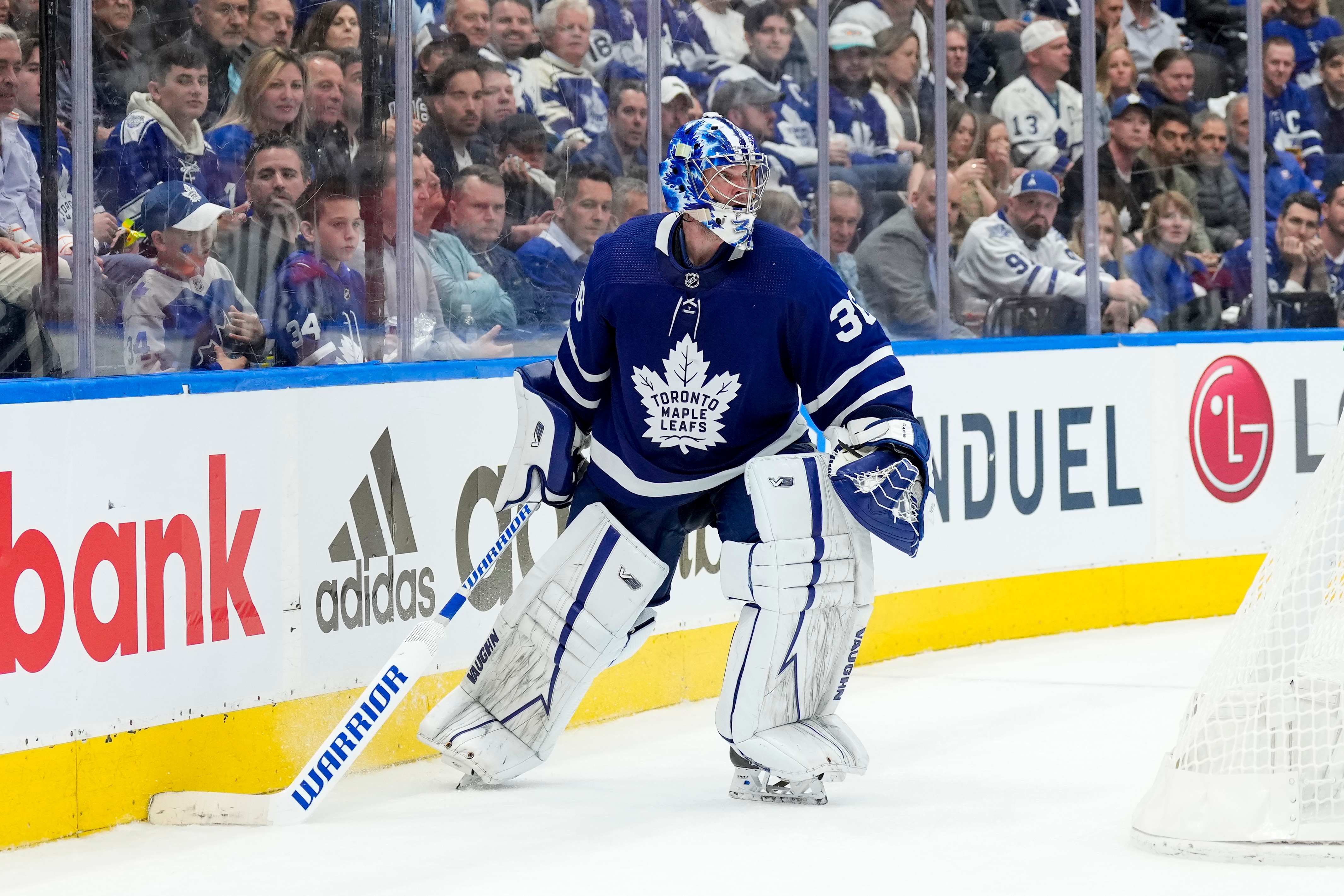 TORONTO, ON - MAY 10: Jack Campbell #36 of the Toronto Maple Leafs plays the puck against the Tampa Bay Lightning during the third period in Game Five of the First Round of the 2022 Stanley Cup Playoffs at the Scotiabank Arena on May 10, 2022 in Toronto, Ontario, Canada. (Photo by Kevin Sousa/NHLI via Getty Images)