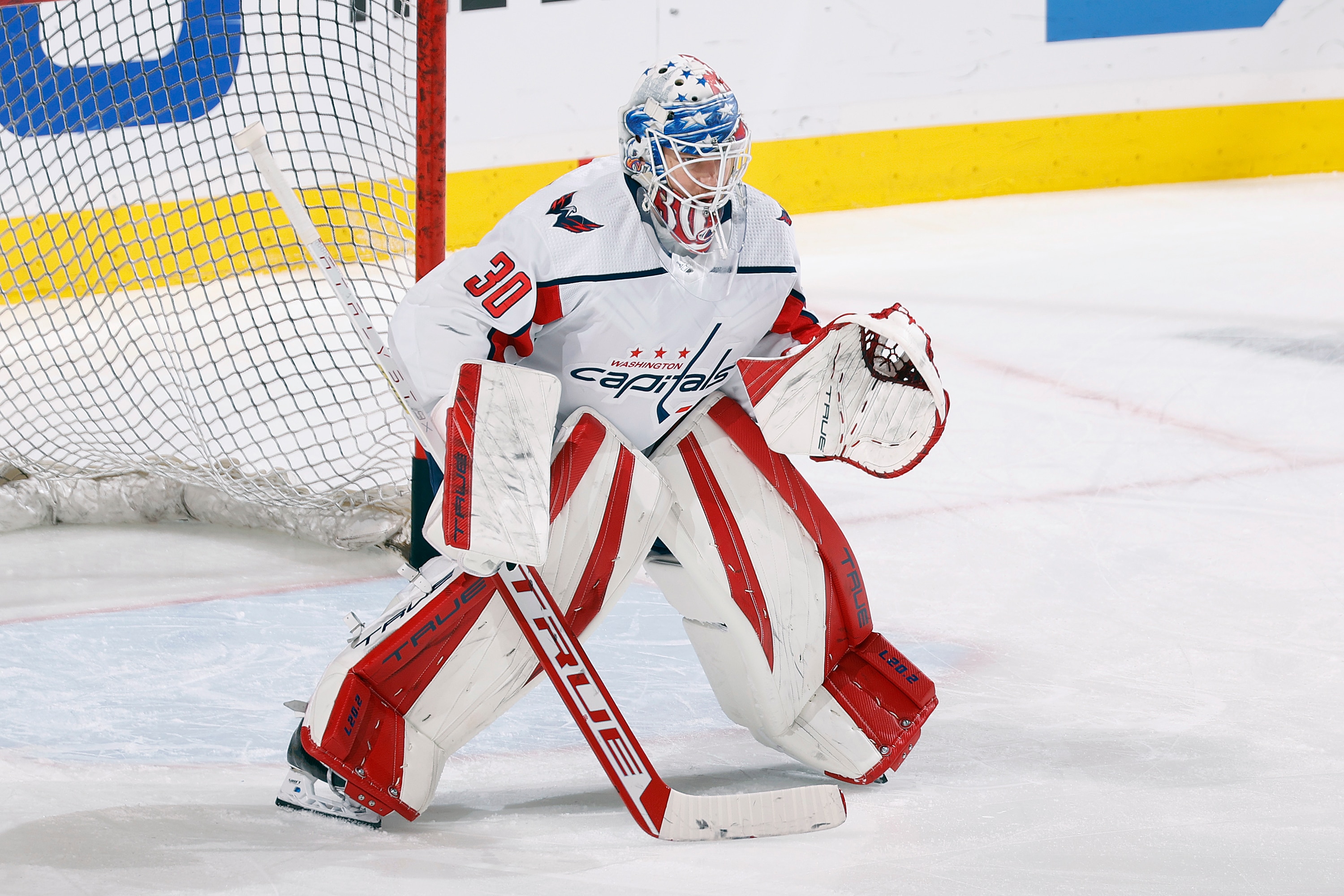 SUNRISE, FL - MAY 11: Goaltender Ilya Samsonov #30 of the Washington Capitals warms up against the Florida Panthers prior to Game Five of the First Round of the 2022 NHL Stanley Cup Playoffs at the FLA Live Arena on May 11, 2022 in Sunrise, Florida. (Photo by Joel Auerbach/Getty Images)