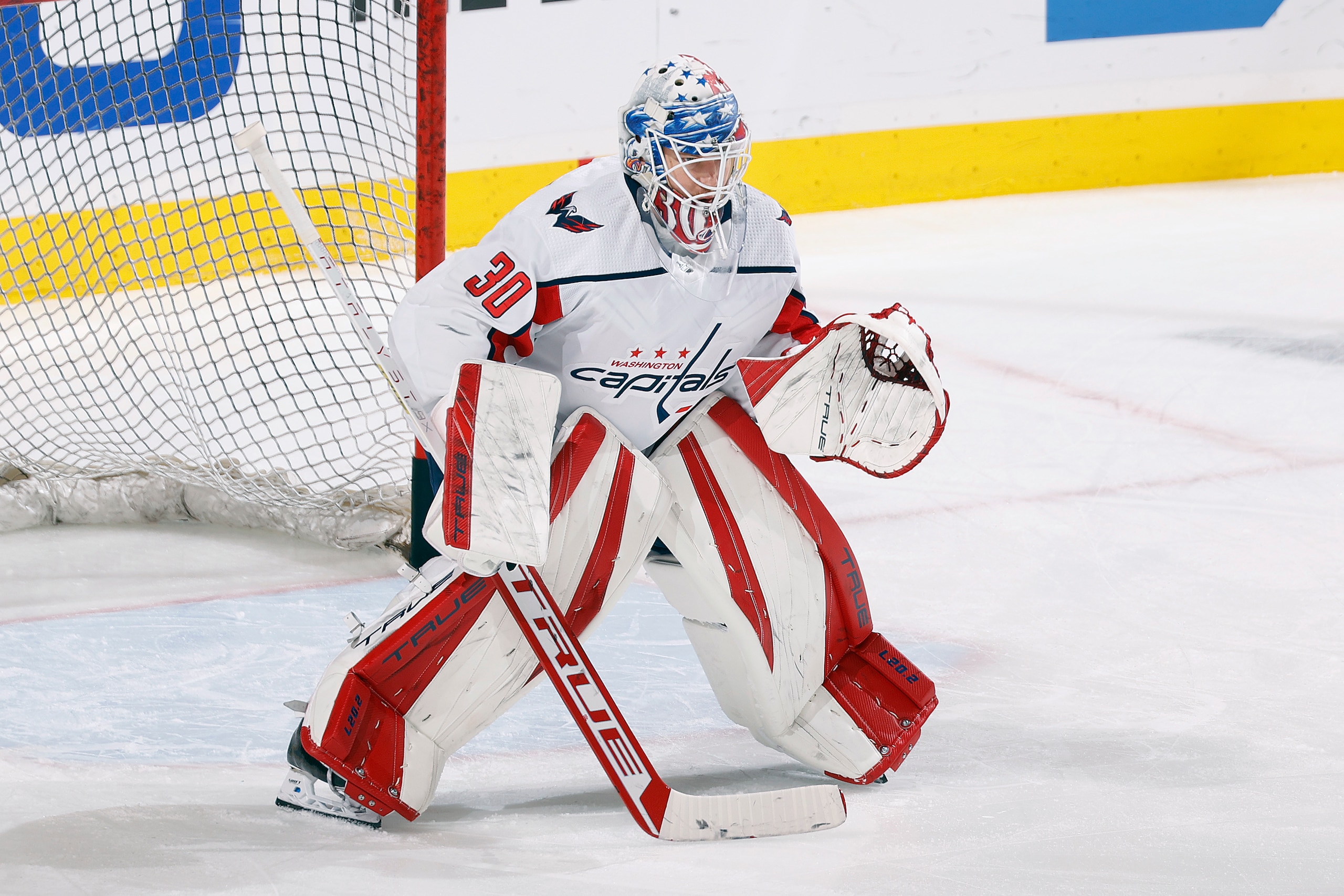 SUNRISE, FL - MAY 11: Goaltender Ilya Samsonov #30 of the Washington Capitals warms up against the Florida Panthers prior to Game Five of the First Round of the 2022 NHL Stanley Cup Playoffs at the FLA Live Arena on May 11, 2022 in Sunrise, Florida. (Photo by Joel Auerbach/Getty Images)