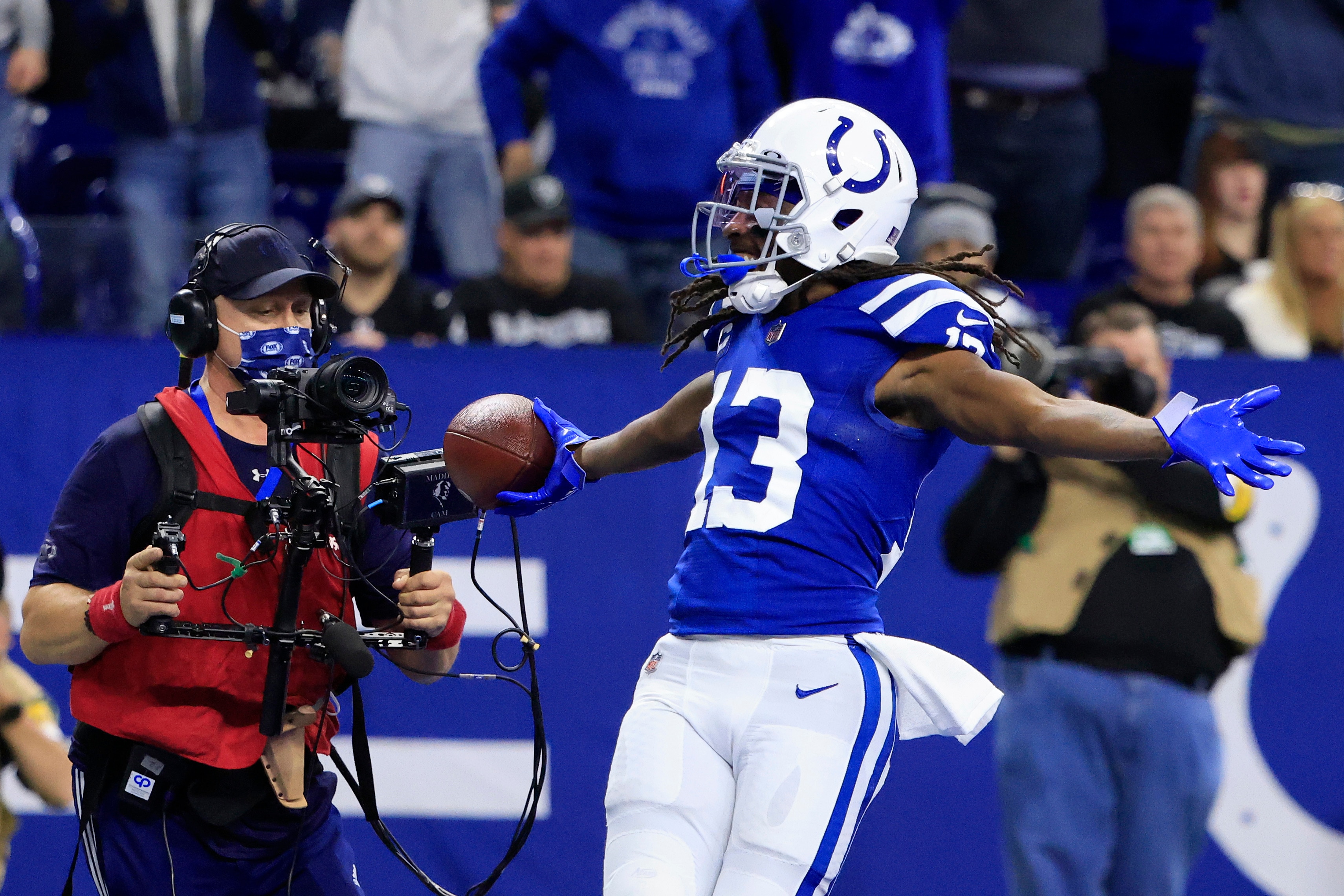 INDIANAPOLIS, INDIANA - JANUARY 02: T.Y. Hilton #13 of the Indianapolis Colts celebrates a touchdown in the game against the Las Vegas Raiders at Lucas Oil Stadium on January 02, 2022 in Indianapolis, Indiana. (Photo by Justin Casterline/Getty Images)