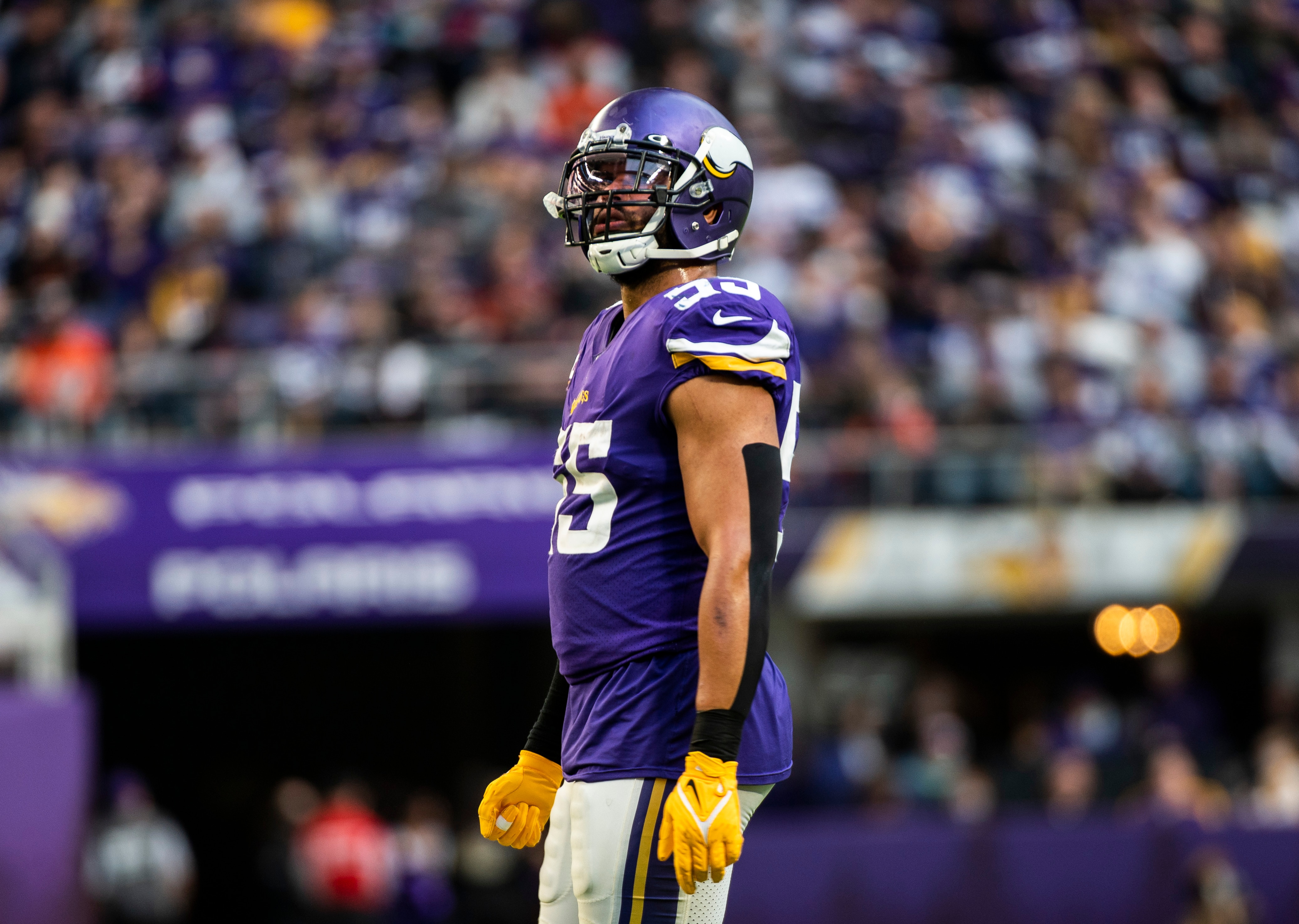 MINNEAPOLIS, MN - JANUARY 09: Anthony Barr #55 of the Minnesota Vikings looks on between plays in the third quarter of the game against the Chicago Bears at U.S. Bank Stadium on January 9, 2022 in Minneapolis, Minnesota. (Photo by Stephen Maturen/Getty Images)