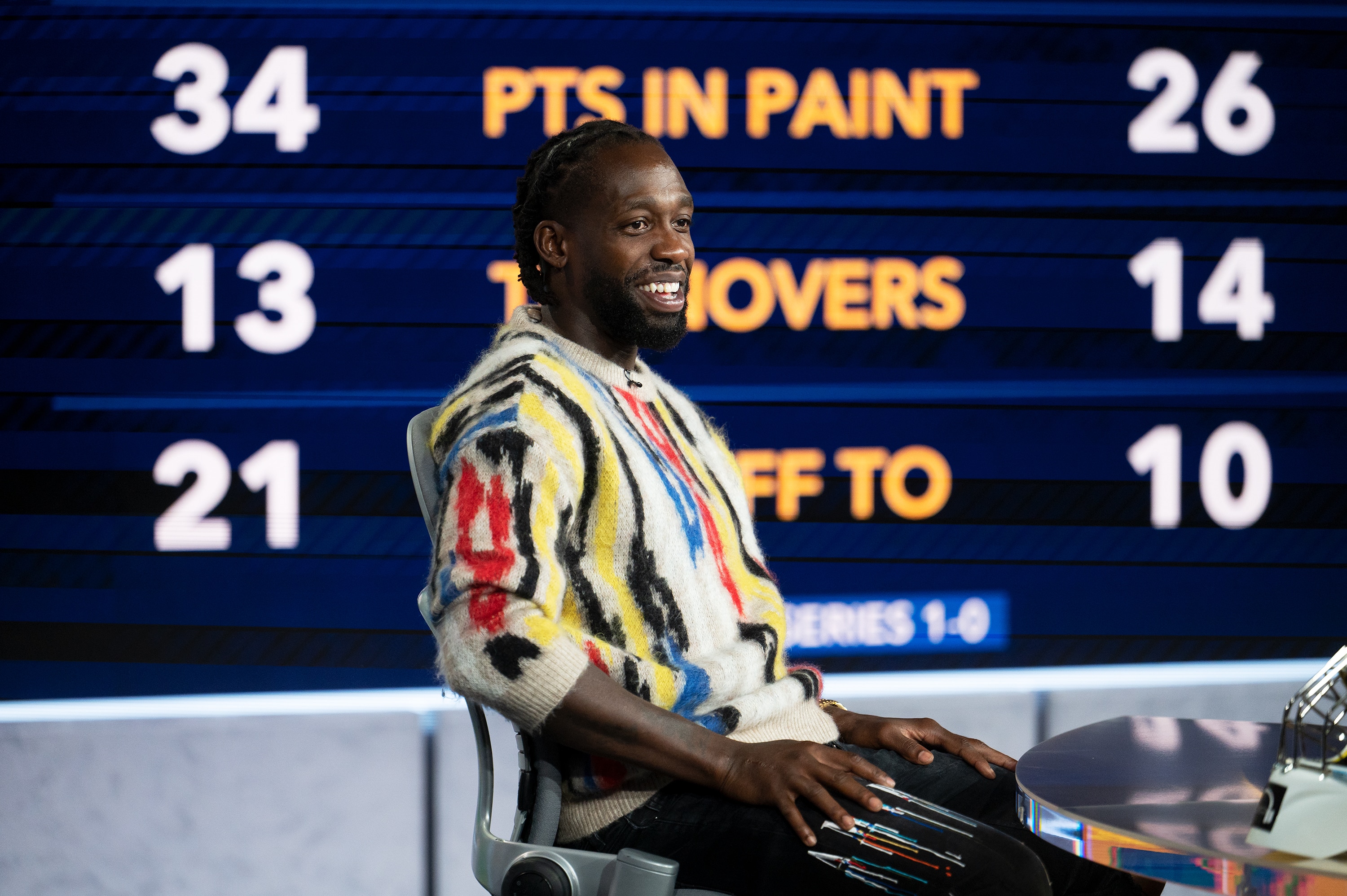 WASHINGTON, DC - JUNE 02: Patrick Beverley, NBA player and analyst for ESPN, speaks on air with Scott Van Pelt after Game One of the NBA playoffs at the studio in Washington, DC on June 02, 2022. (Photo by Craig Hudson for The Washington Post via Getty Images)