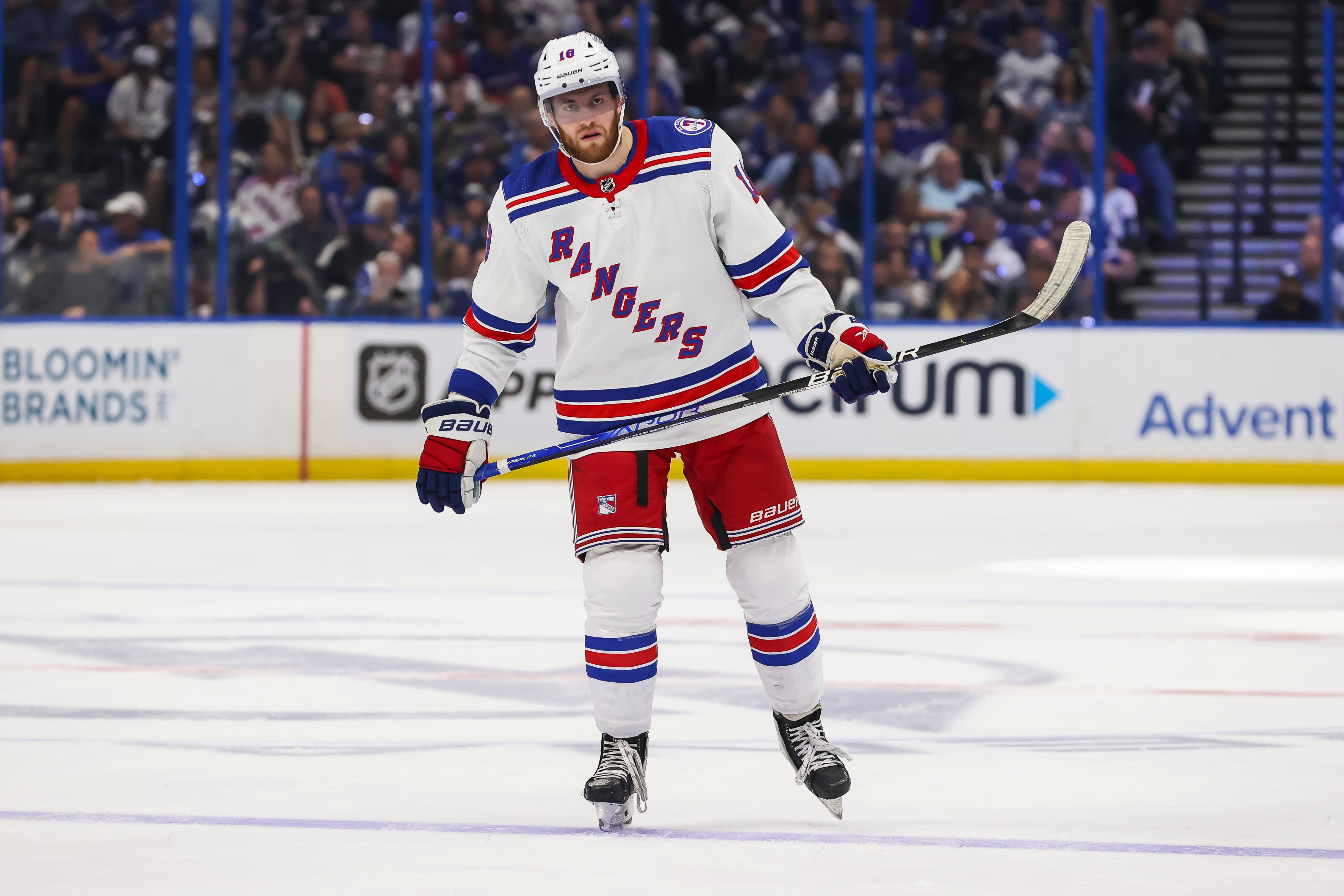 TAMPA, FL - JUNE 7: Andrew Copp #18 of the New York Rangers against the Tampa Bay Lightning during the first period in Game Four of the Eastern Conference Final of the 2022 Stanley Cup Playoffs at Amalie Arena on June 7, 2022 in Tampa, Florida. (Photo by Mark LoMoglio/NHLI via Getty Images)
