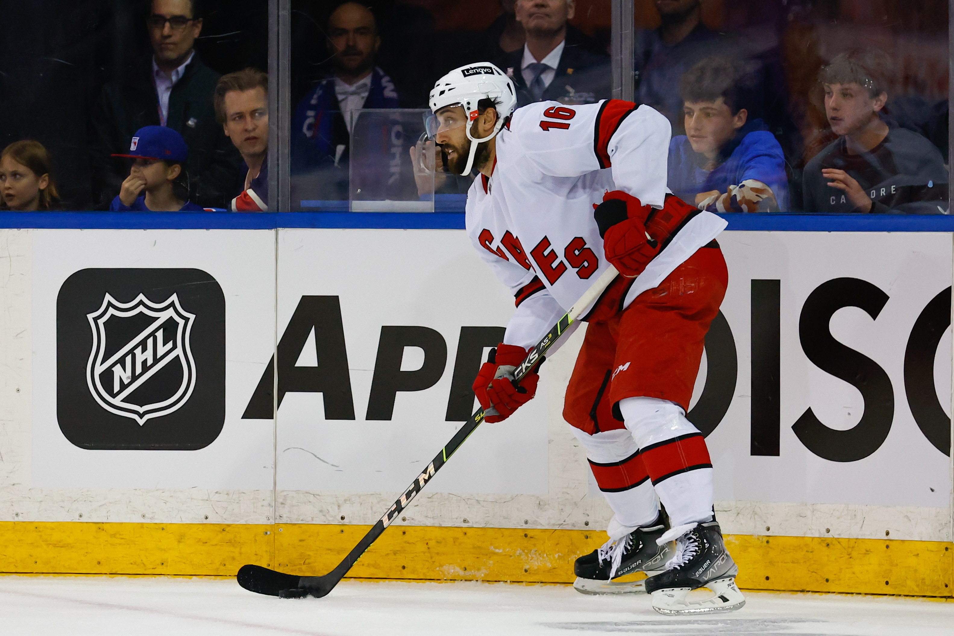 NEW YORK, NY - MAY 28:  Carolina Hurricanes center Vincent Trocheck (16) skates against the New York Rangers during Game 6 of round 2 of the Stanley Cup playoffs on May 28, 2022 at Madison Square Garden in New York, New York.   (Photo by Rich Graessle/Icon Sportswire via Getty Images)