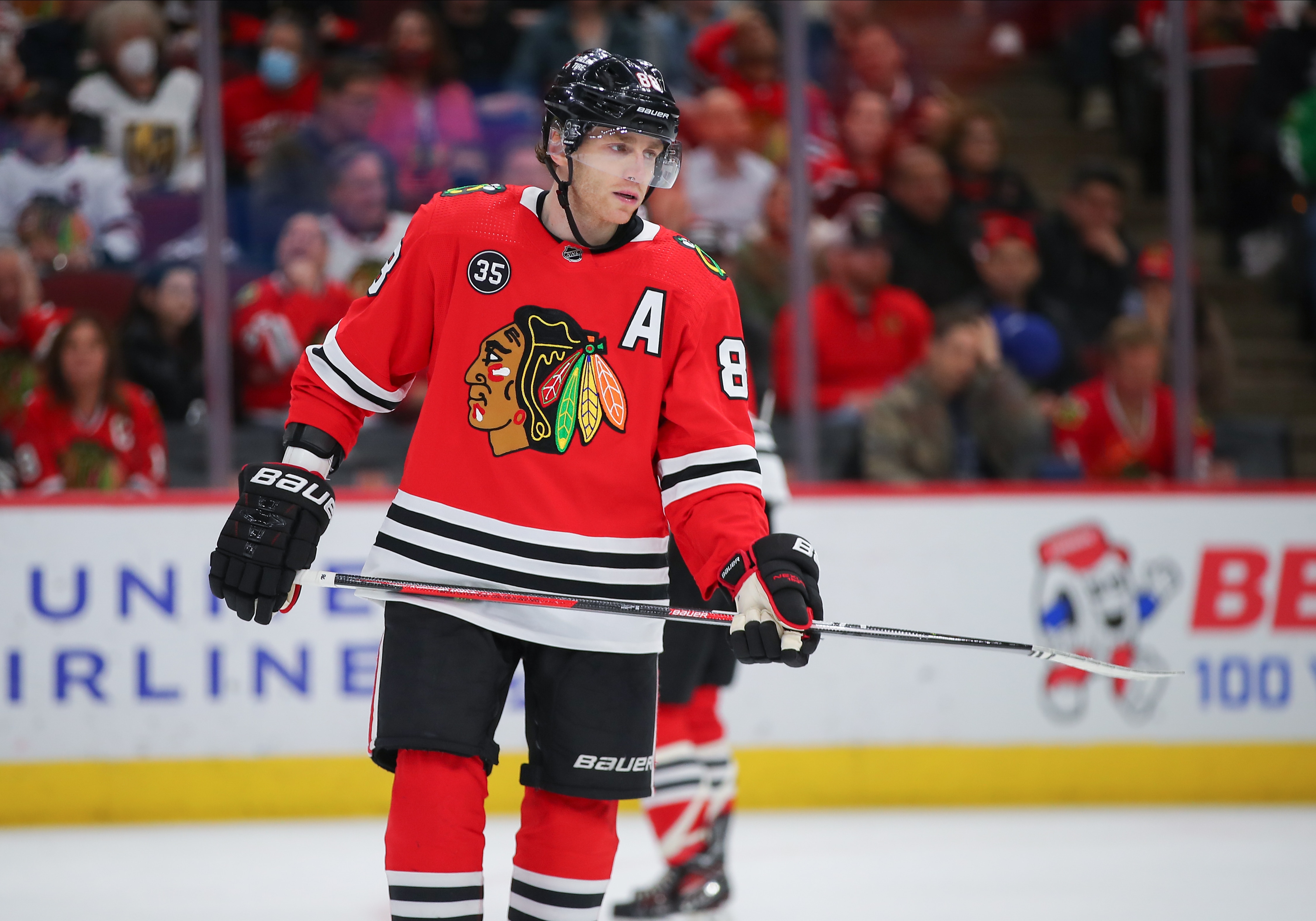 CHICAGO, IL - APRIL 27: Chicago Blackhawks right wing Patrick Kane (88) looks on during a game between the Vegas Golden Knights and the Chicago Blackhawks on April 27, 2022 at the United Center in Chicago, IL. (Photo by Melissa Tamez/Icon Sportswire via Getty Images) CHICAGO, IL - APRIL 27: Chicago Blackhawks right wing Patrick Kane (88) looks on during a game between the Vegas Golden Knights and the Chicago Blackhawks on April 27, 2022 at the United Center in Chicago, IL. (Photo by Melissa Tamez/Icon Sportswire via Getty Images)