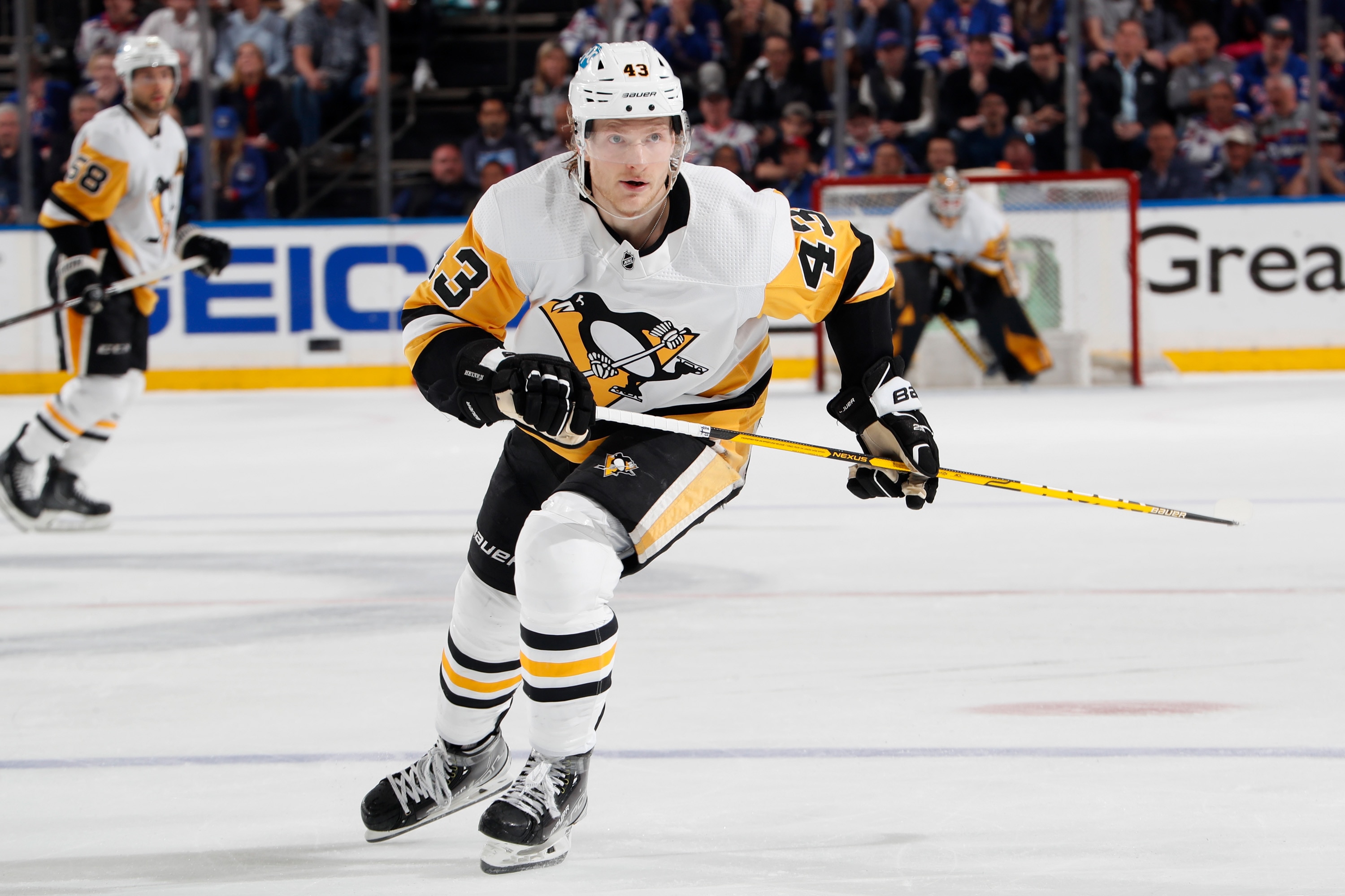 NEW YORK, NY - MAY 15:  Danton Heinen #43 of the Pittsburgh Penguins skates against the New York Rangers in Game Seven of the First Round of the 2022 Stanley Cup Playoffs at Madison Square Garden on May 15, 2022 in New York City. (Photo by Jared Silber/NHLI via Getty Images)