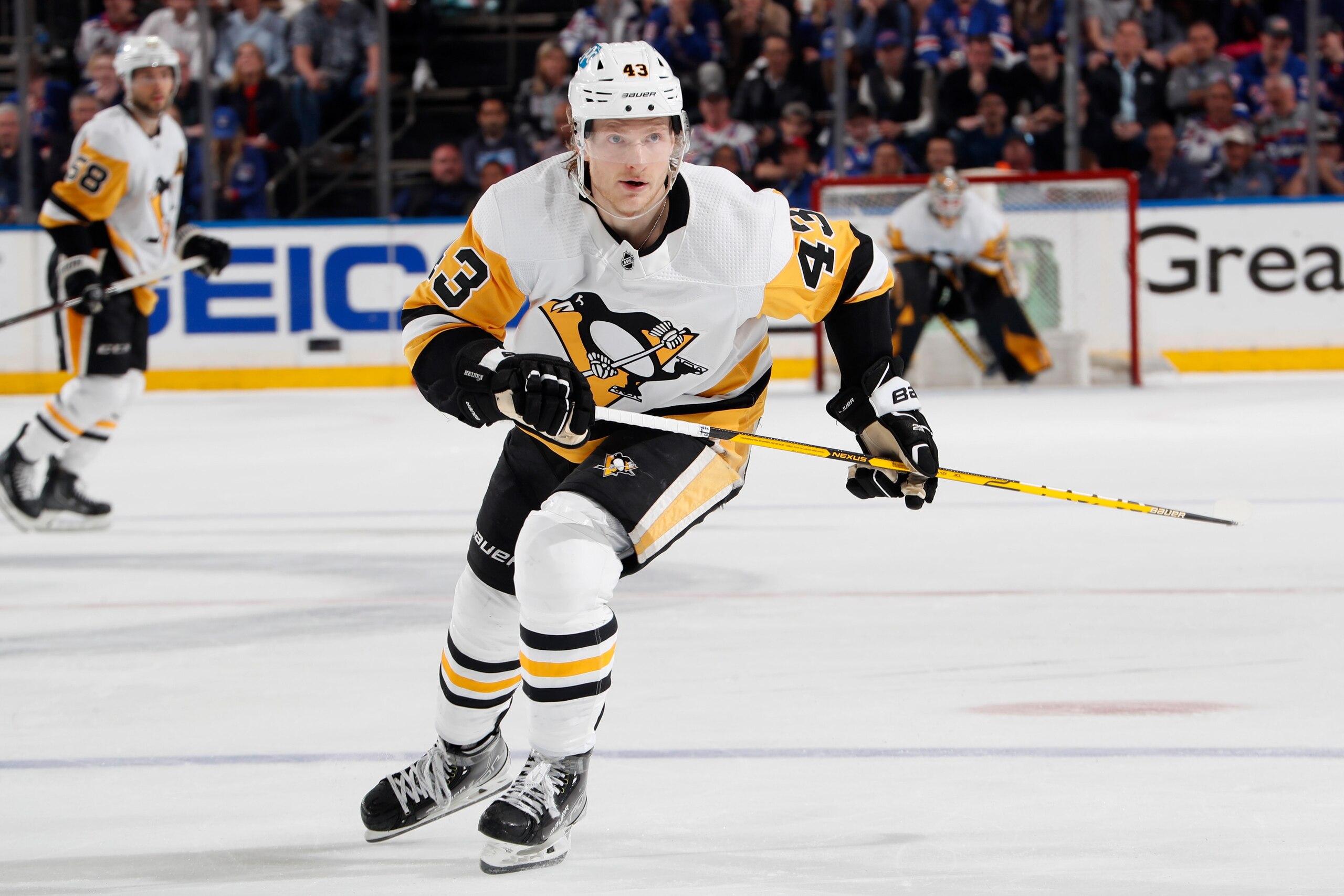 NEW YORK, NY - MAY 15: Danton Heinen #43 of the Pittsburgh Penguins skates against the New York Rangers in Game Seven of the First Round of the 2022 Stanley Cup Playoffs at Madison Square Garden on May 15, 2022 in New York City. (Photo by Jared Silber/NHLI via Getty Images) NEW YORK, NY - MAY 15: Danton Heinen #43 of the Pittsburgh Penguins skates against the New York Rangers in Game Seven of the First Round of the 2022 Stanley Cup Playoffs at Madison Square Garden on May 15, 2022 in New York City. (Photo by Jared Silber/NHLI via Getty Images)