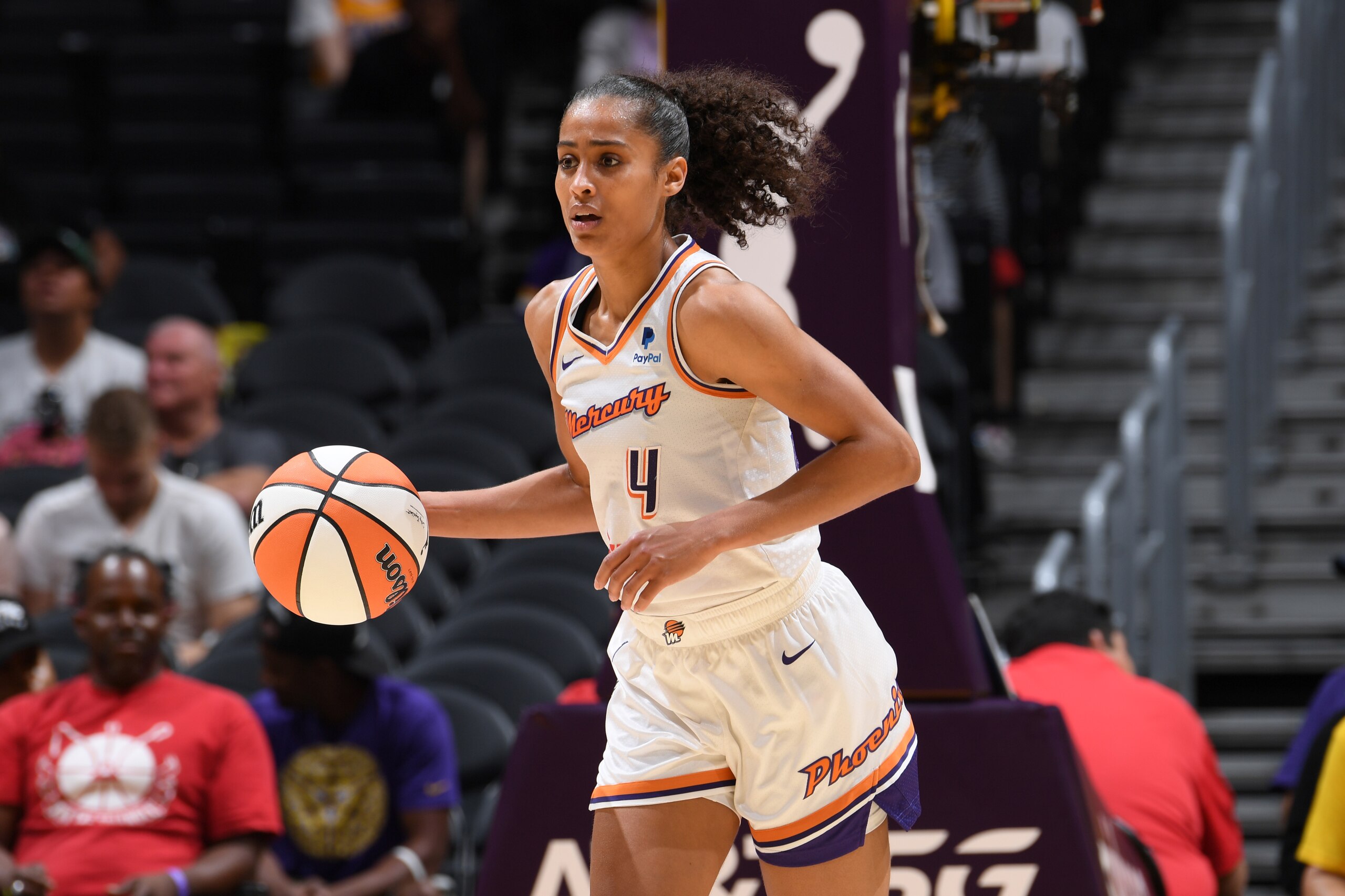LOS ANGELES, CA - July 4: Skylar Diggins-Smith #4 of the Phoenix Mercury handles the ball during the game against the Los Angeles Sparks on July 4, 2022 at Crypto.com Arena in Los Angeles, California. NOTE TO USER: User expressly acknowledges and agrees that, by downloading and/or using this Photograph, user is consenting to the terms and conditions of the Getty Images License Agreement. Mandatory Copyright Notice: Copyright 2022 NBAE (Photo by Juan Ocampo/NBAE via Getty Images)