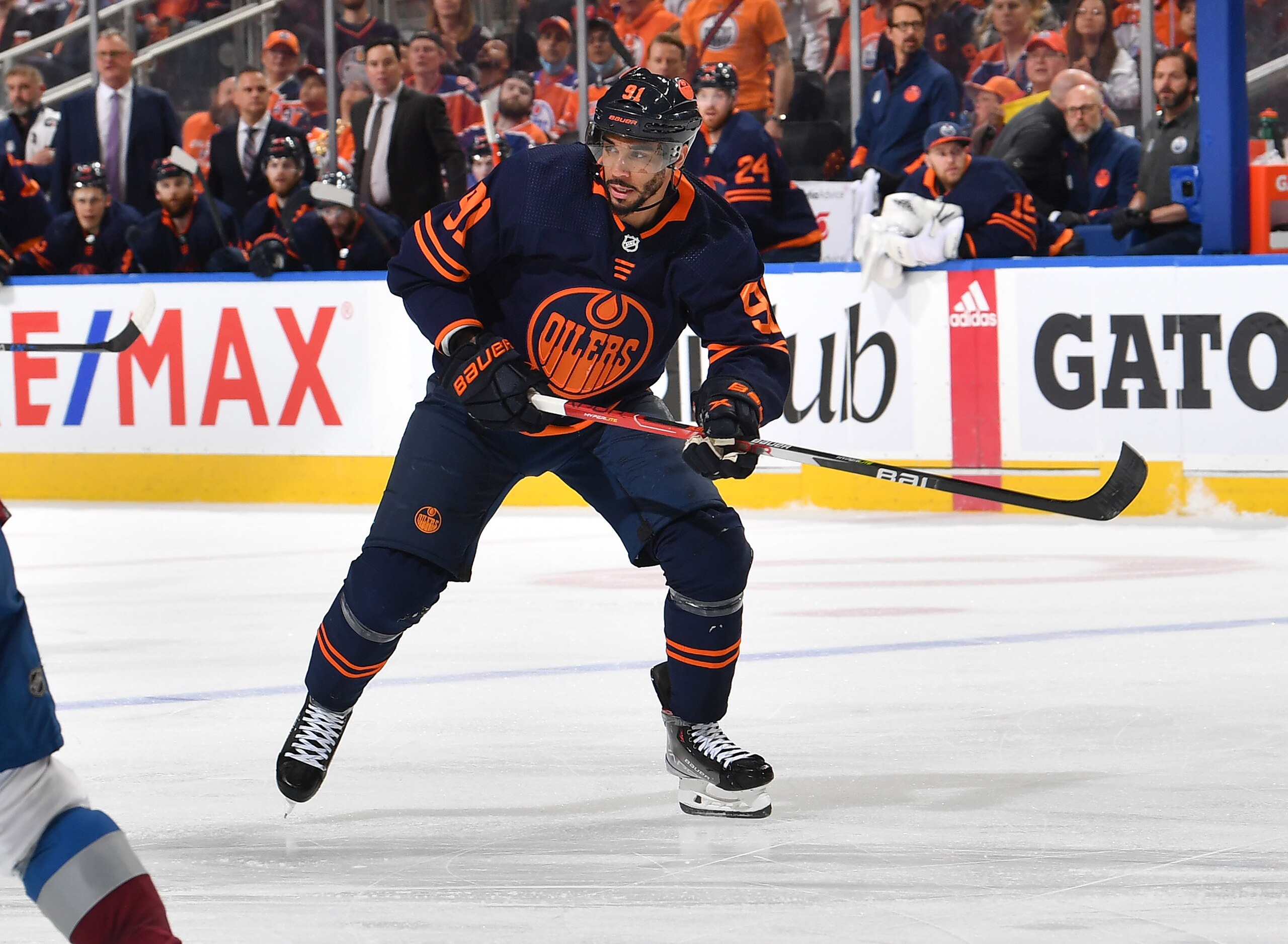EDMONTON, AB - JUNE 4:  Evander Kane #91 of the Edmonton Oilers skates during Game Three of the Western Conference Final of the 2022 Stanley Cup Playoffs against the Colorado Avalanche on June 4, 2022 at Rogers Place in Edmonton, Alberta, Canada. (Photo by Andy Devlin/NHLI via Getty Images)