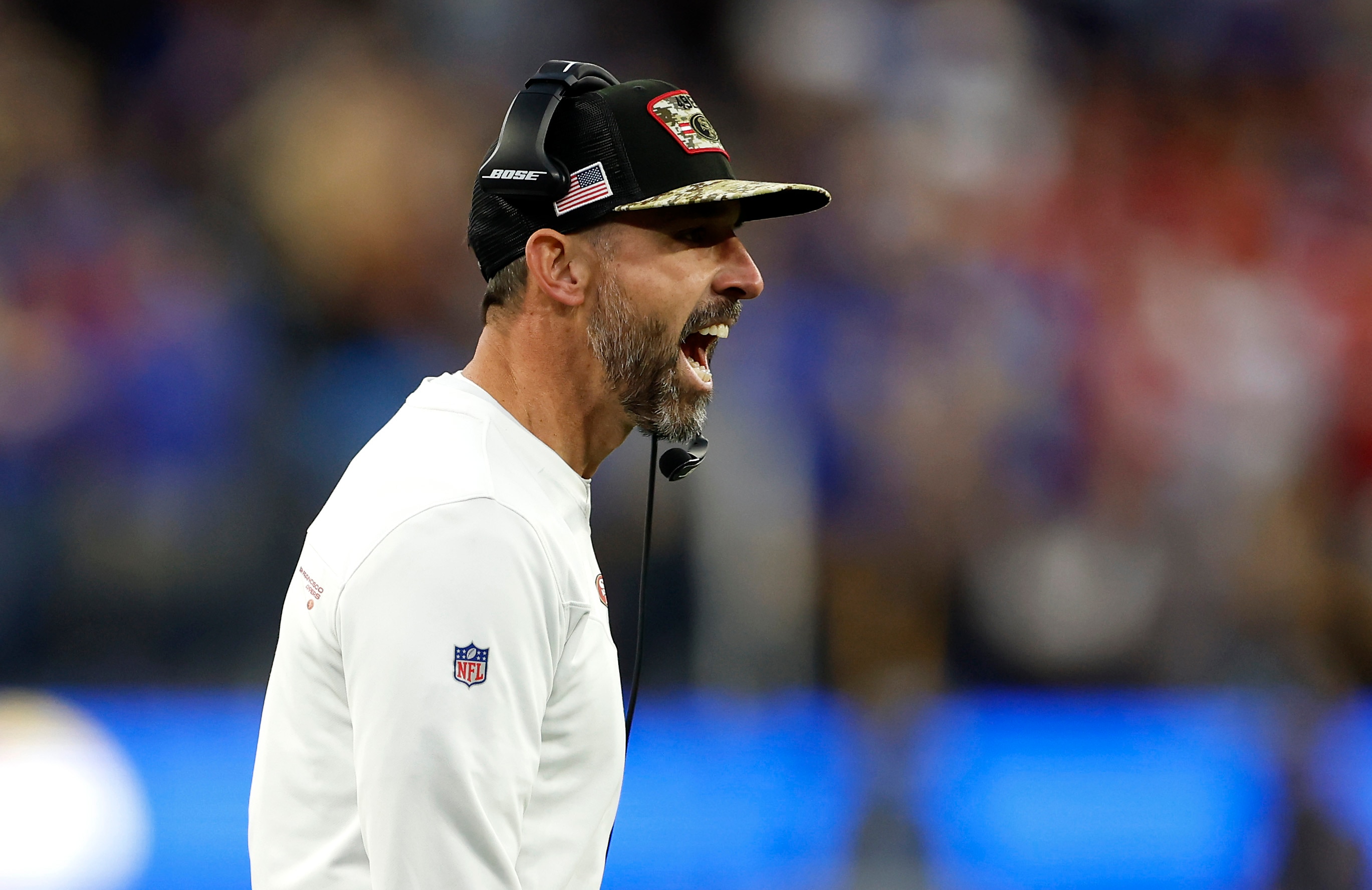 INGLEWOOD, CALIFORNIA - JANUARY 30: Head coach Kyle Shanahan of the San Francisco 49ers reacts in the second quarter against the Los Angeles Rams in the NFC Championship Game at SoFi Stadium on January 30, 2022 in Inglewood, California. (Photo by Christian Petersen/Getty Images)