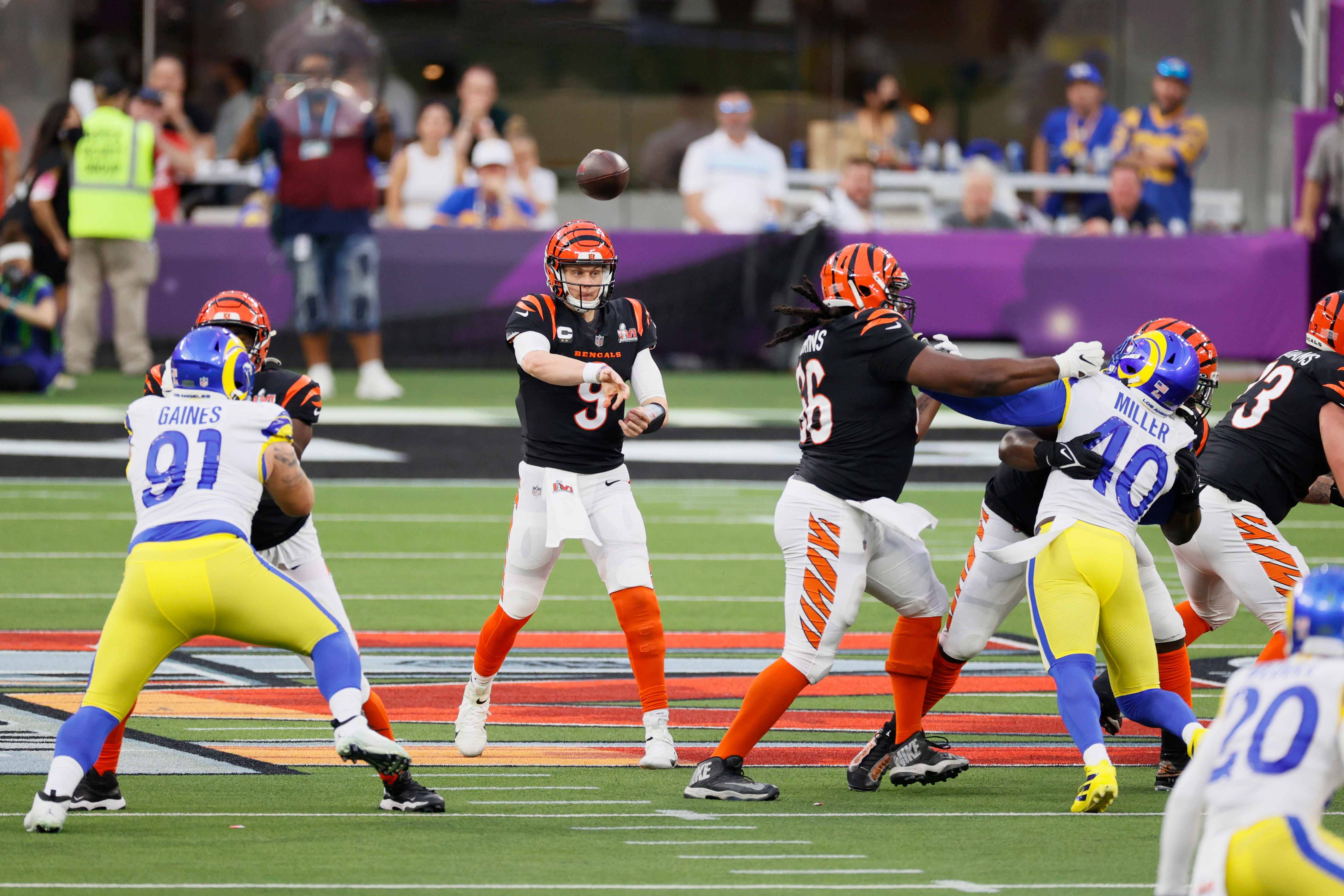 INGLEWOOD, CALIFORNIA - FEBRUARY 13: Joe Burrow #9 of the Cincinnati Bengals throws a pass during the first half of Super Bowl LVI against the Cincinnati Bengals at SoFi Stadium on February 13, 2022 in Inglewood, California. (Photo by Steph Chambers/Getty Images)