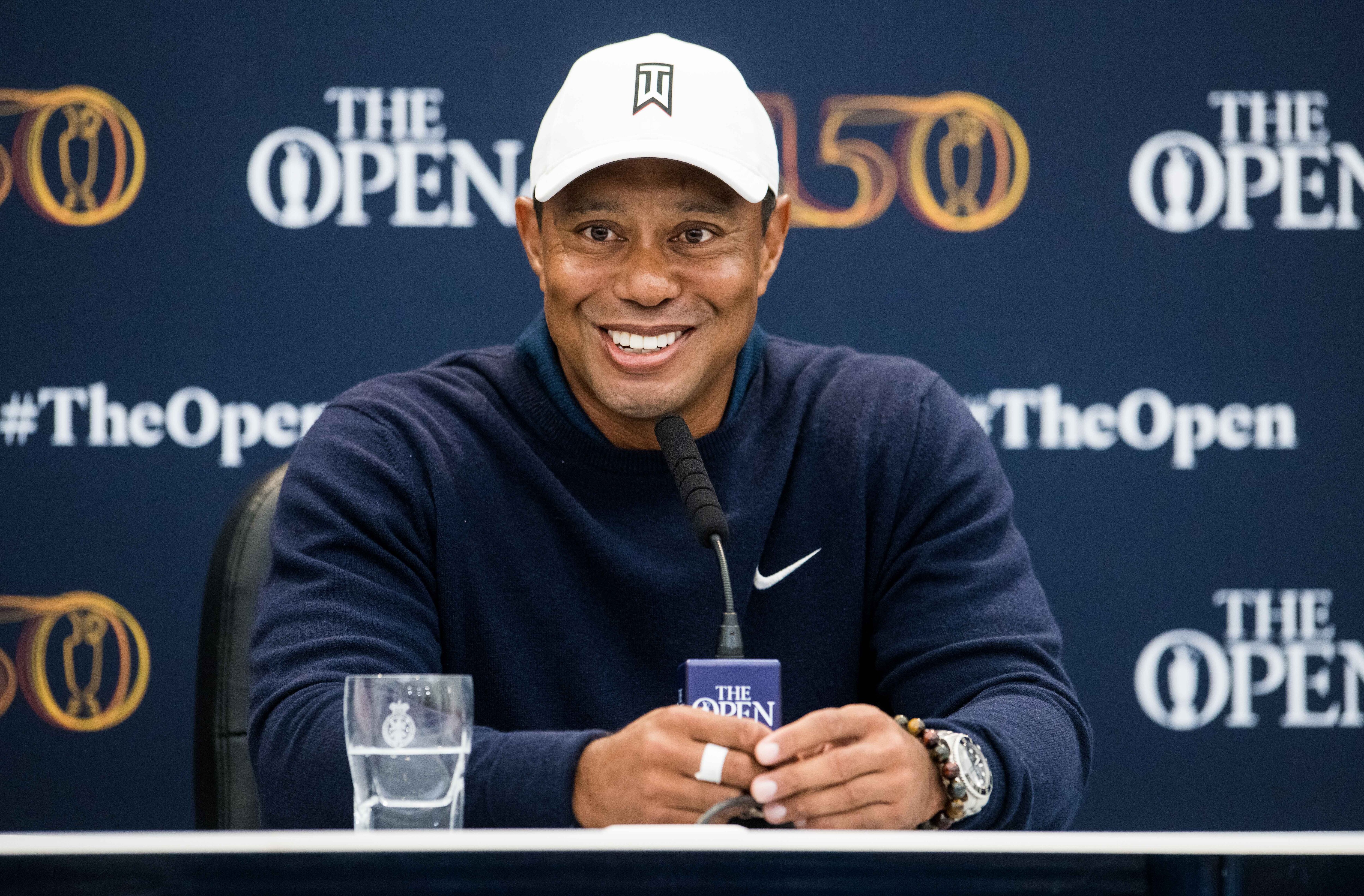 ST ANDREWS, SCOTLAND - JULY 12: Tiger Woods of The United States speaks to the media in a press conference during a practice round prior to The 150th Open at St Andrews Old Course on July 12, 2022 in St Andrews, Scotland.(Photo by Ross Parker/SNS Group via Getty Images)