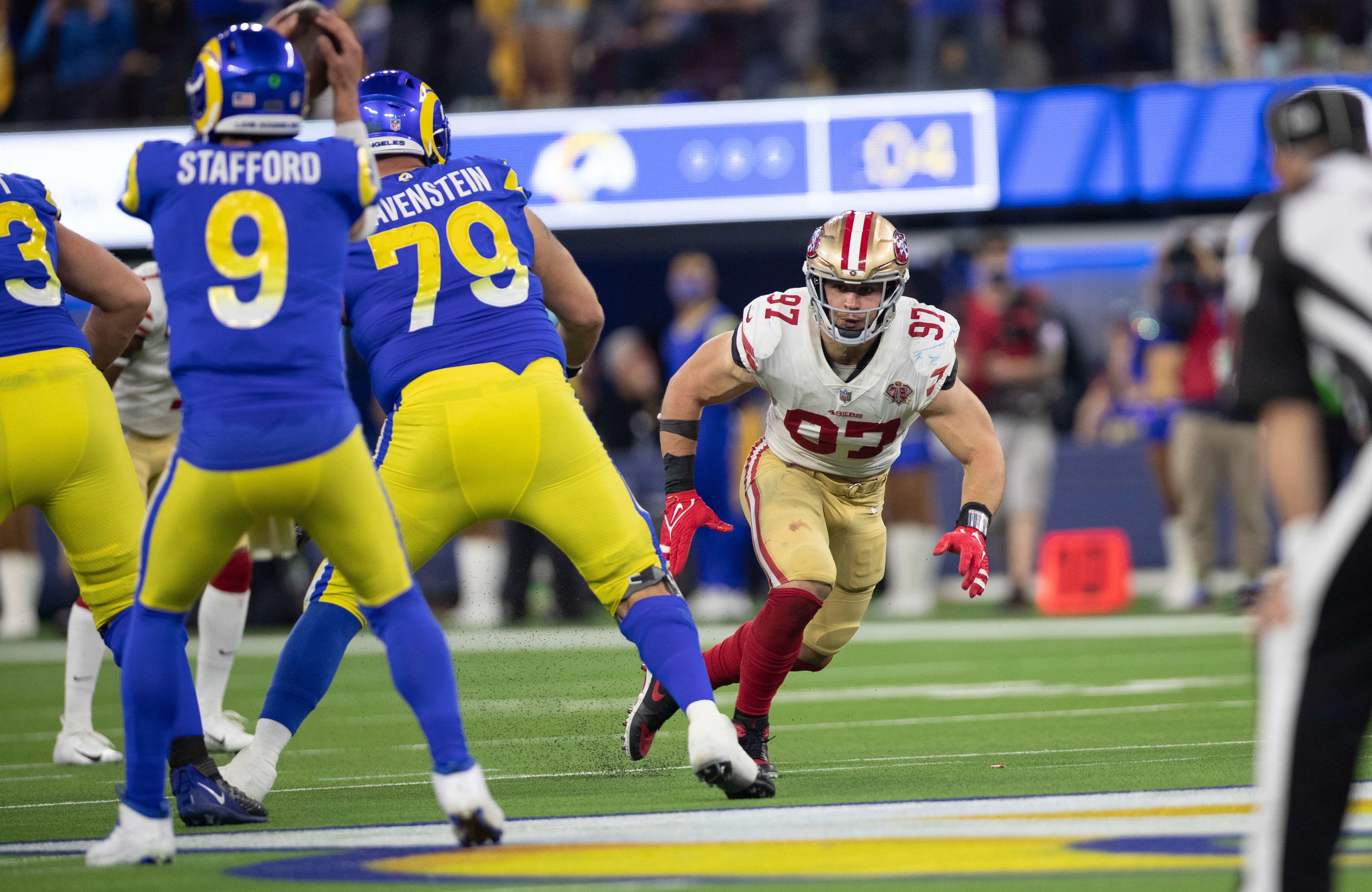 INGLEWOOD, CA - JANUARY 30: Nick Bosa #97 of the San Francisco 49ers rushes the quarterback  the game against the Los Angeles Rams at SoFi Stadium on January 30, 2022 in Inglewood, California. The Rams defeated the 49ers 20-17. (Photo by Michael Zagaris/San Francisco 49ers/Getty Images)