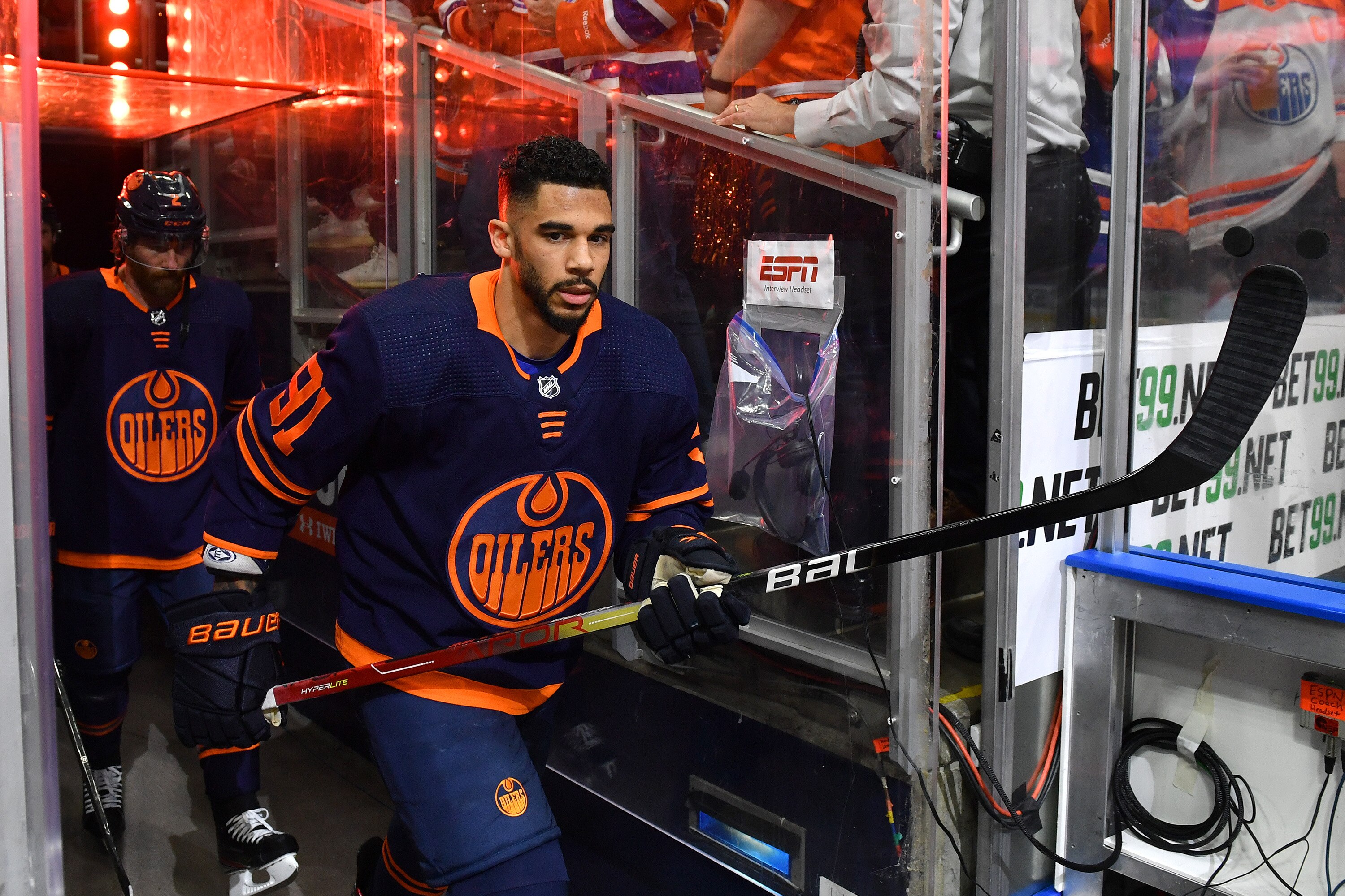 EDMONTON, AB - MAY 24: Evander Kane #91 of the Edmonton Oilers walks to the ice prior to Game Four of the Second Round of the 2022 Stanley Cup Playoffs against the Calgary Flames on May 24, 2022 at Rogers Place in Edmonton, Alberta, Canada. (Photo by Andy Devlin/NHLI via Getty Images)