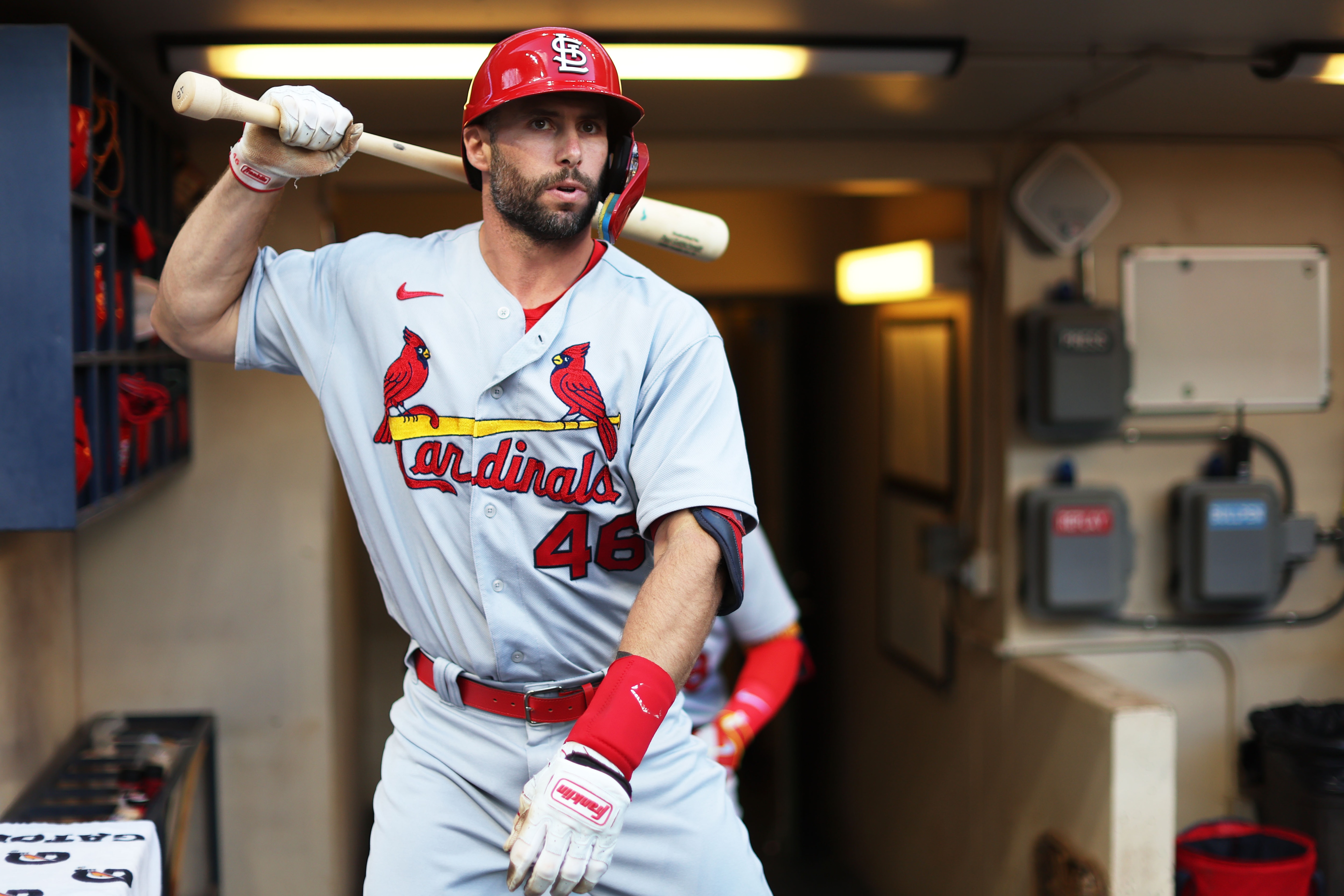 MILWAUKEE, WI - JUNE 22: Paul Goldschnidt #46 of the St. Louis Cardinals waits to take the field to bat in the first inning during the game between the St. Louis Cardinals and the Milwaukee Brewers at American Family Field on Wednesday, June 22, 2022 in Milwaukee, Wisconsin. (Photo by Rob Tringali/MLB Photos via Getty Images)