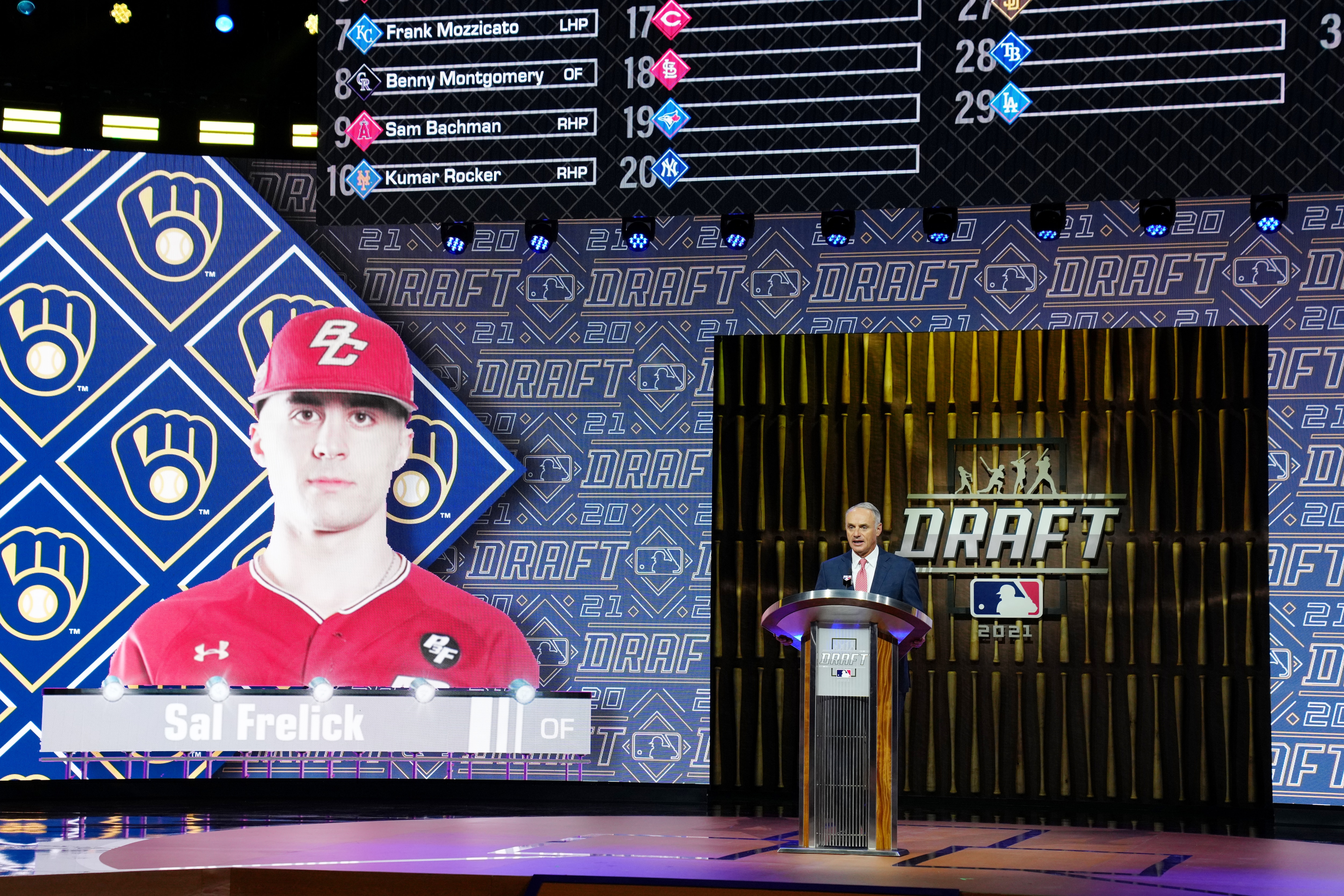 DENVER, CO - JULY 11:  Major League Baseball Commissioner Robert D. Manfred, Jr. announces Sal Frelick as the fifteenth overall pick for the Milwaukee Brewers during the 2021 Major Leauge Baseball Draft at Bellco Theater at Colorado Convention Center on Sunday, July 11, 2021 in Denver, Colorado. (Photo by Daniel Shirey/MLB Photos via Getty Images)