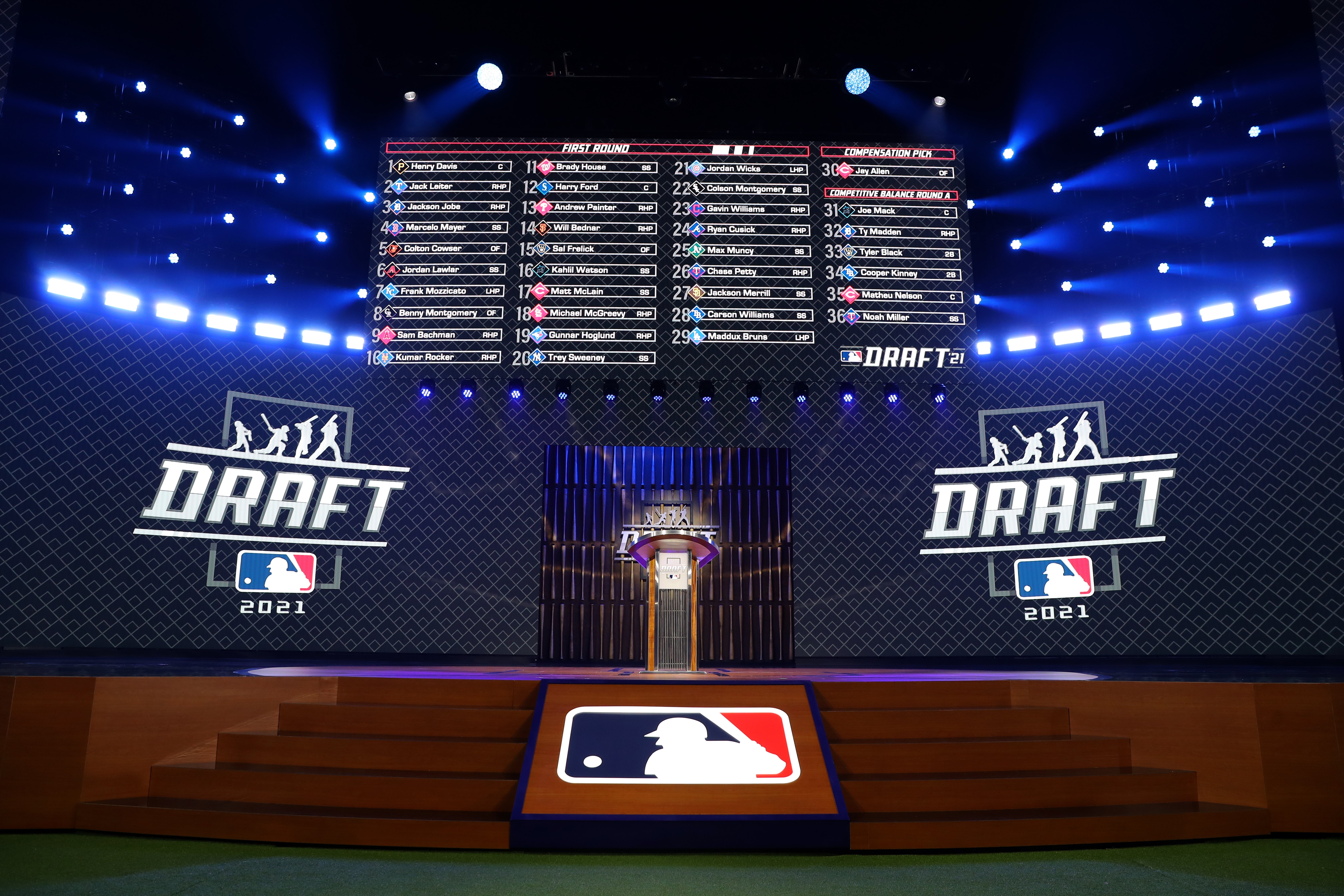DENVER, CO - JULY 11:  A general view of the stage at the end of the first night of the 2021 Major League Baseball Draft at Bellco Theater at Colorado Convention Center on Sunday, July 11, 2021 in Denver, Colorado. (Photo by Mary DeCicco/MLB Photos via Getty Images)