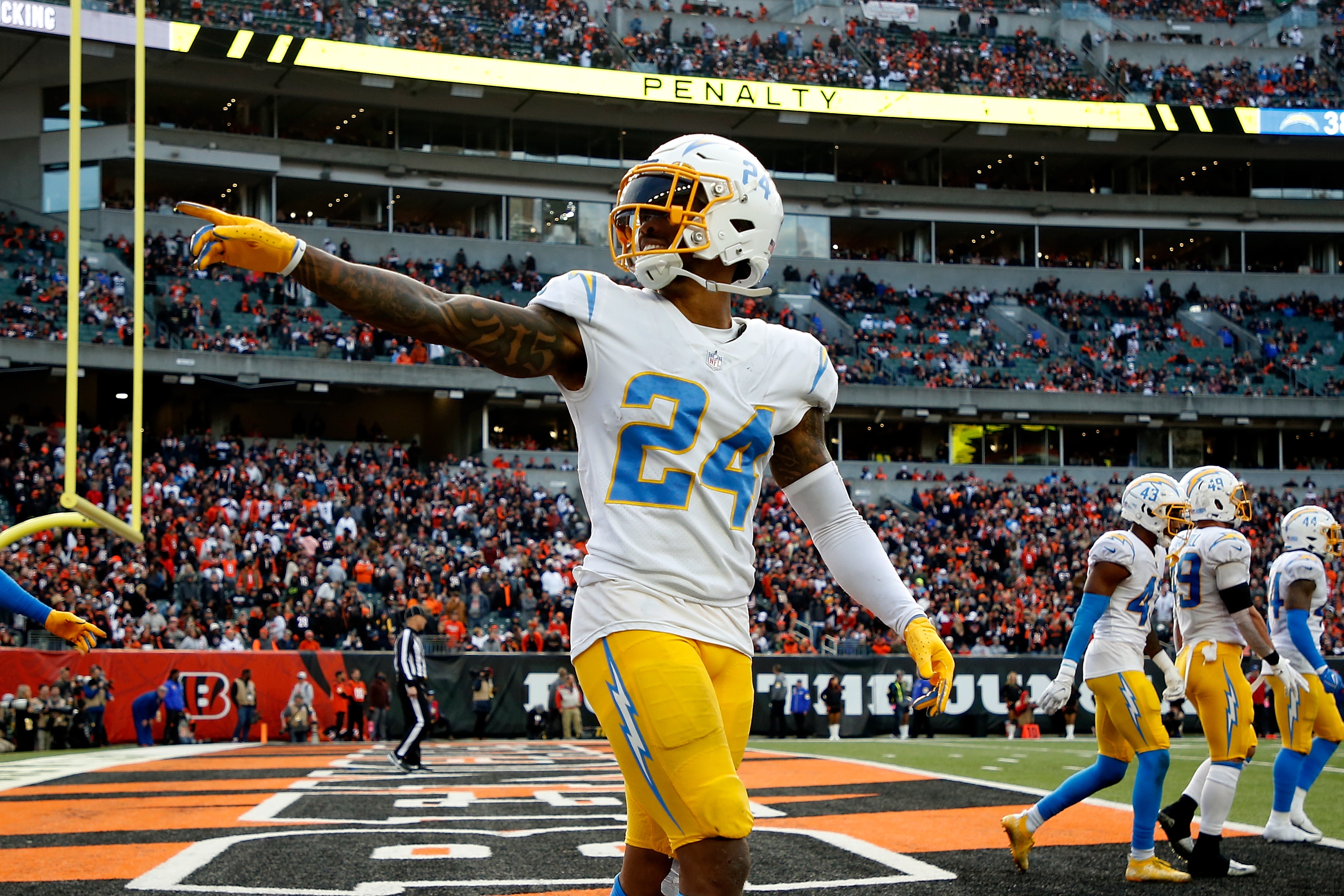 CINCINNATI, OH - DECEMBER 05:  Nasir Adderley #24 of the Los Angeles Chargers reacts after making a defensive stop during the game against the Cincinnati Bengals at Paul Brown Stadium on December 5, 2021 in Cincinnati, Ohio. (Photo by Kirk Irwin/Getty Images)