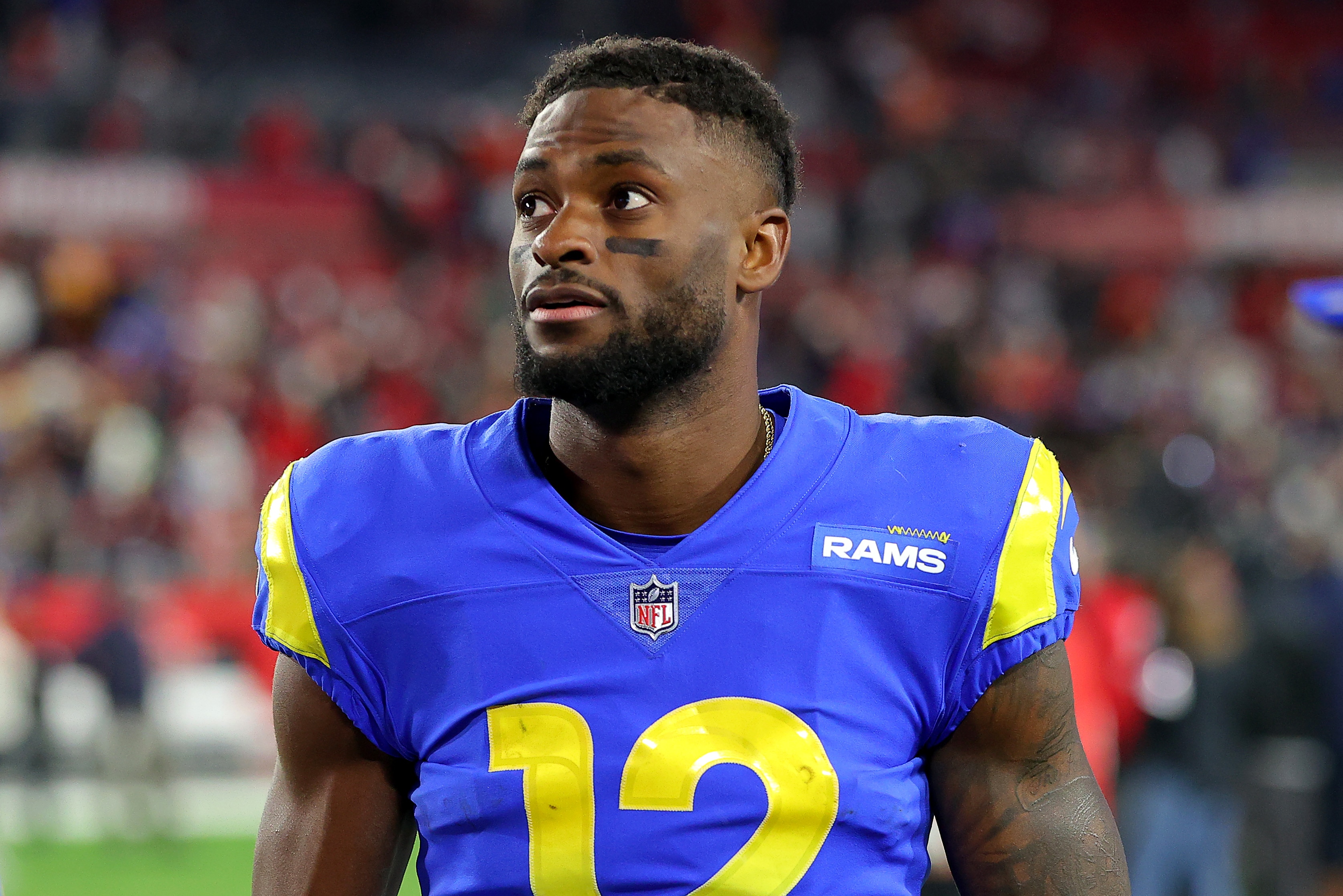 TAMPA, FLORIDA - JANUARY 23: Van Jefferson #12 of the Los Angeles Rams reacts after defeating the Tampa Bay Buccaneers 30-27 in the NFC Divisional Playoff game at Raymond James Stadium on January 23, 2022 in Tampa, Florida. (Photo by Kevin C. Cox/Getty Images)