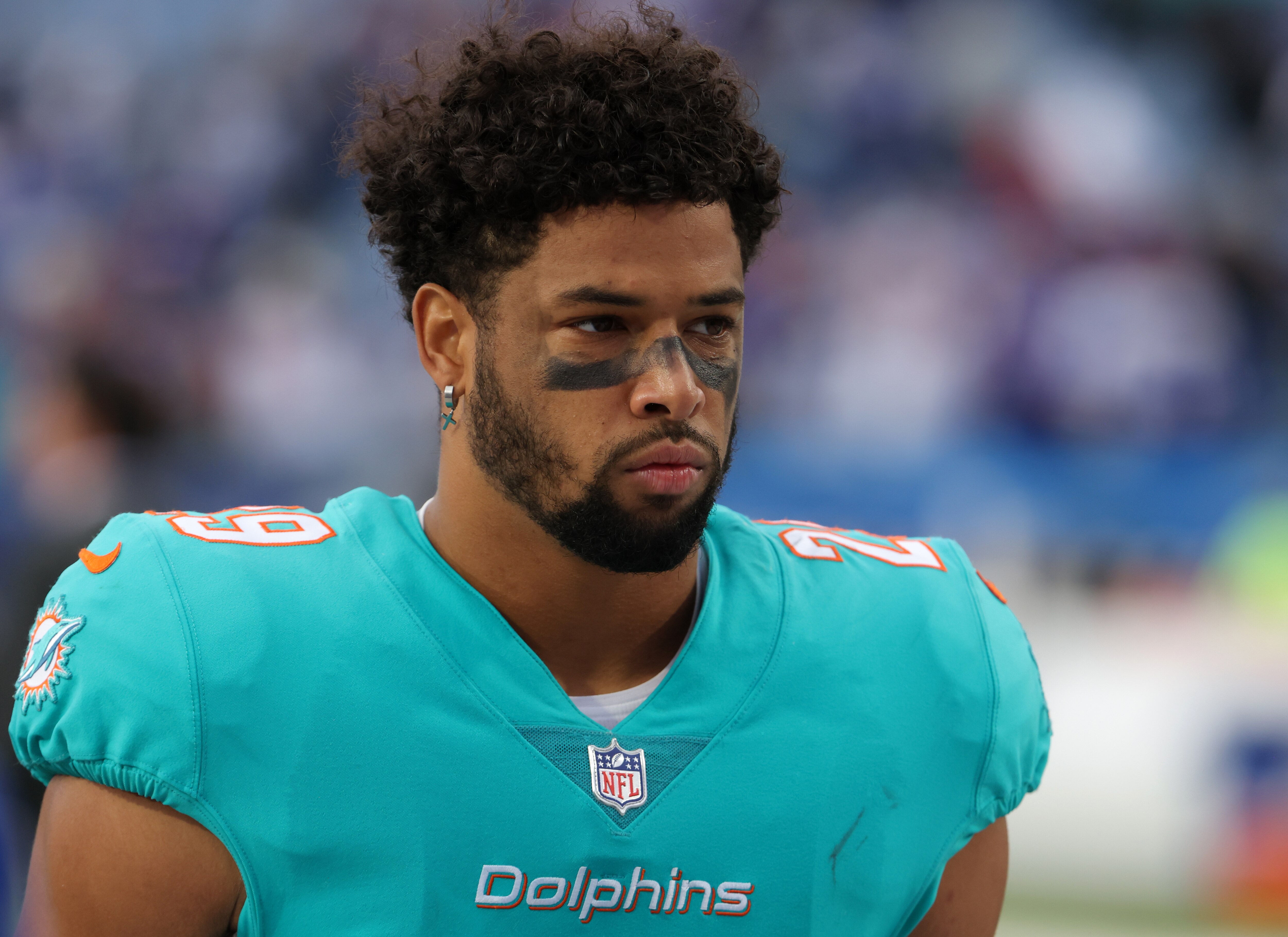 ORCHARD PARK, NY - OCTOBER 31: Brandon Jones #29 of the Miami Dolphins after a game against the Buffalo Bills at Highmark Stadium on October 31, 2021 in Orchard Park, New York. (Photo by Timothy T Ludwig/Getty Images)