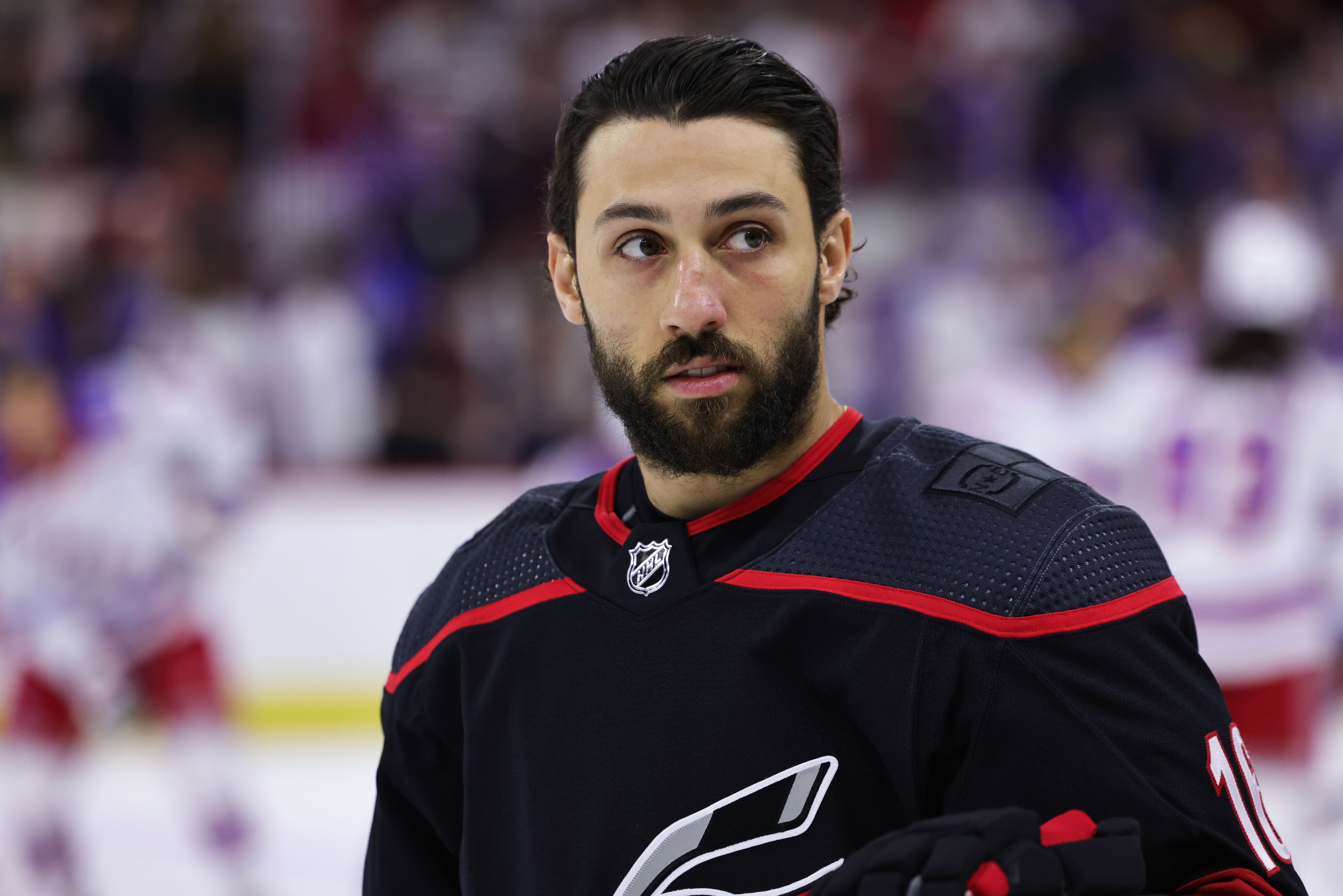 RALEIGH, NC - MAY 30: Vincent Trocheck #16 of the Carolina Hurricanes warms up prior to Game Seven of the Second Round of the 2022 Stanley Cup Playoffs against the New York Rangers on May 30, 2022 at PNC Arena in Raleigh, North Carolina (Photo by Gregg Forwerck/NHLI via Getty Images)