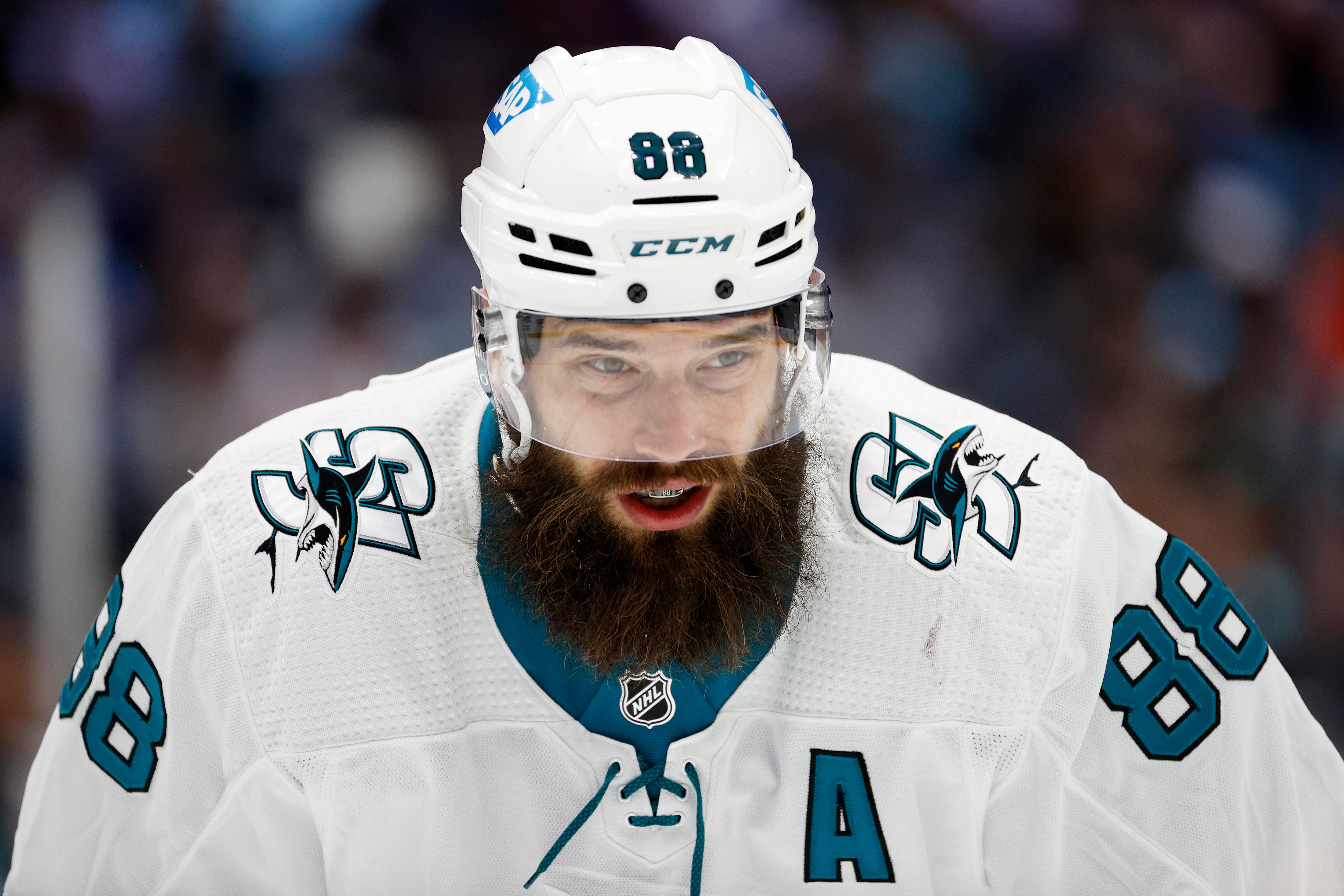 SEATTLE, WASHINGTON - APRIL 29: Brent Burns #88 of the San Jose Sharks looks on during the second period against the Seattle Kraken at Climate Pledge Arena on April 29, 2022 in Seattle, Washington. (Photo by Steph Chambers/Getty Images)