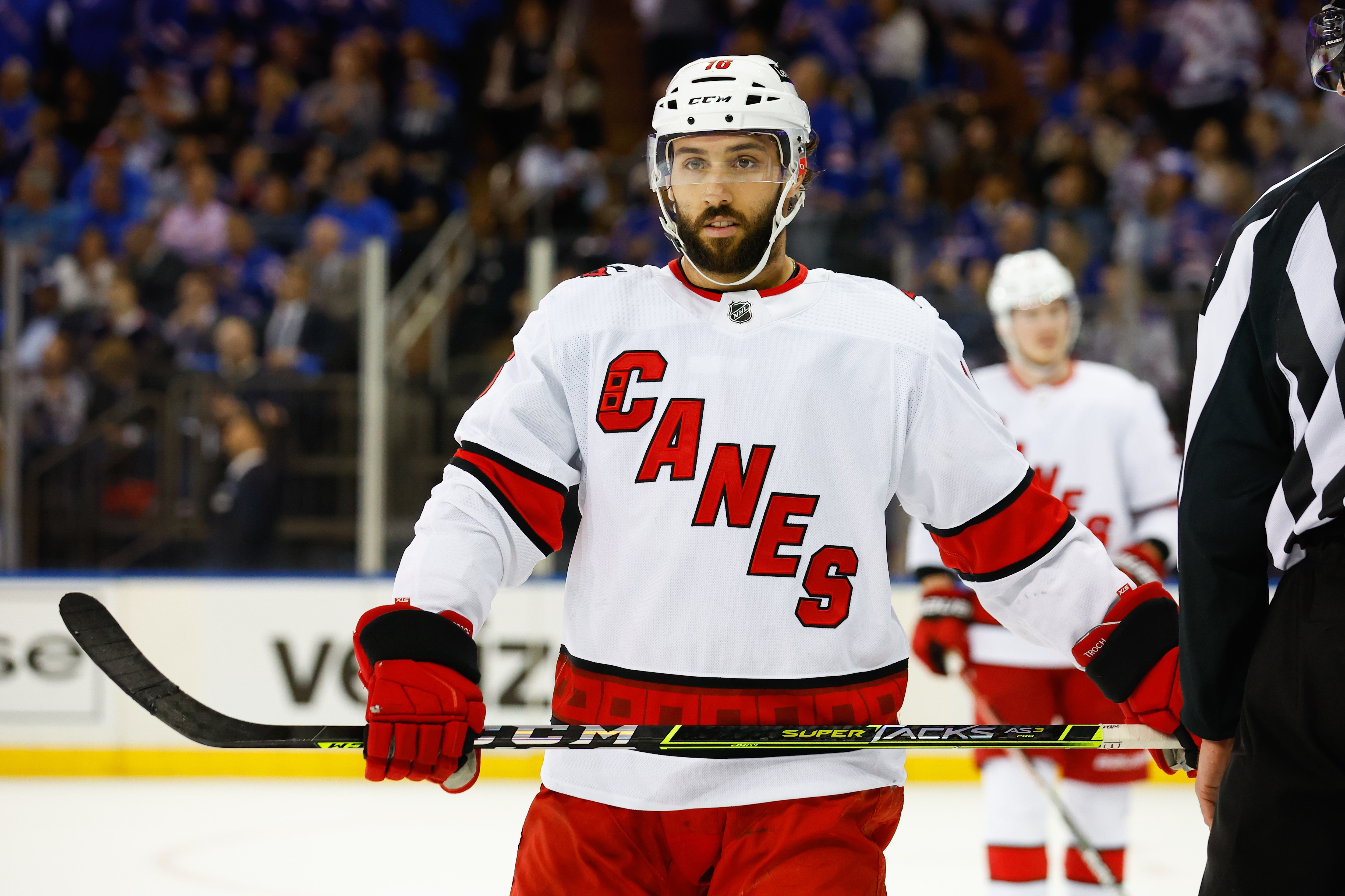 NEW YORK, NY - MAY 28:  Carolina Hurricanes center Vincent Trocheck (16) against the New York Rangers during Game 6 of round 2 of the Stanley Cup playoffs on May 28, 2022 at Madison Square Garden in New York, New York.   (Photo by Rich Graessle/Icon Sportswire via Getty Images)
