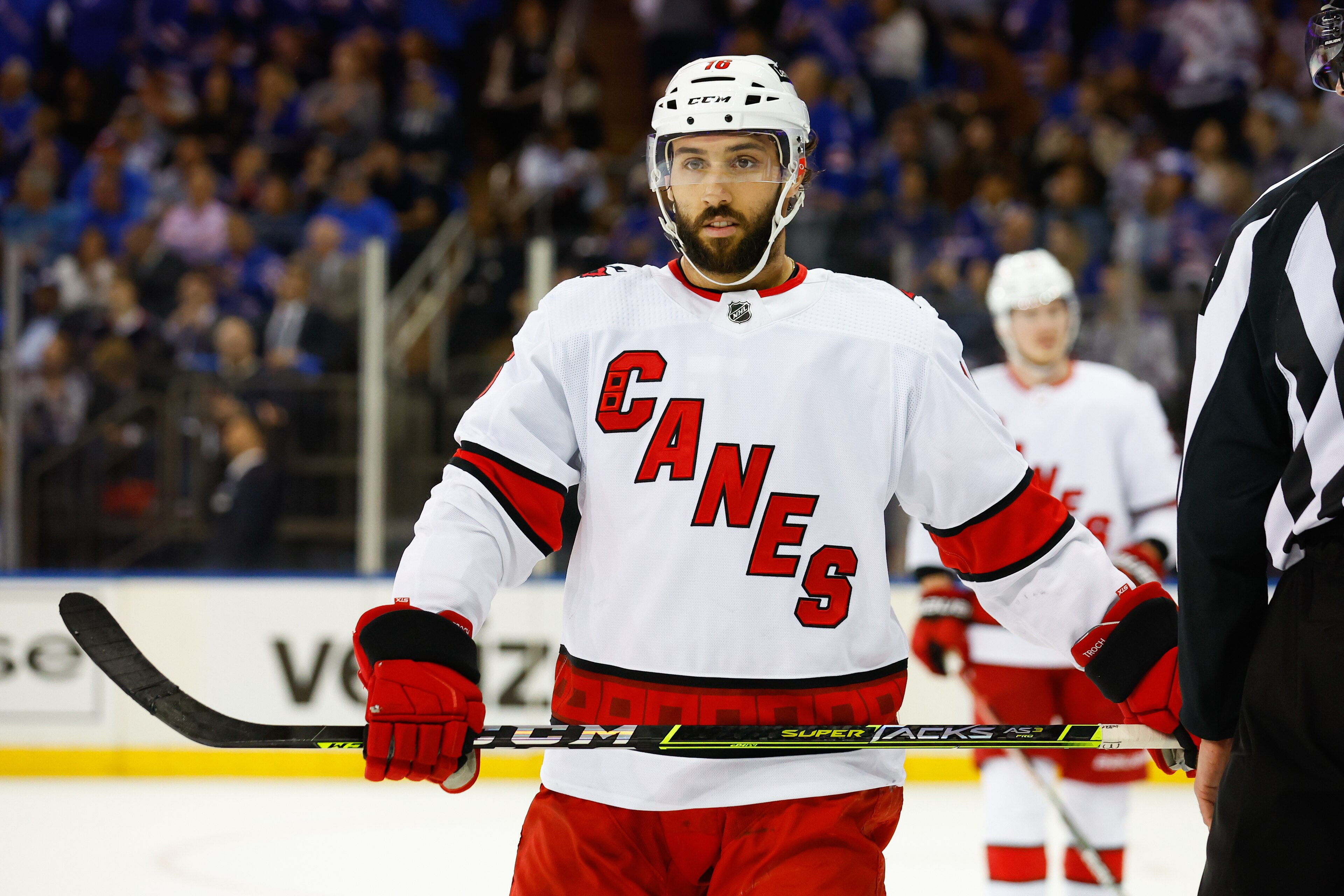 NEW YORK, NY - MAY 28: Carolina Hurricanes center Vincent Trocheck (16) against the New York Rangers during Game 6 of round 2 of the Stanley Cup playoffs on May 28, 2022 at Madison Square Garden in New York, New York. (Photo by Rich Graessle/Icon Sportswire via Getty Images) NEW YORK, NY - MAY 28: Carolina Hurricanes center Vincent Trocheck (16) against the New York Rangers during Game 6 of round 2 of the Stanley Cup playoffs on May 28, 2022 at Madison Square Garden in New York, New York. (Photo by Rich Graessle/Icon Sportswire via Getty Images)