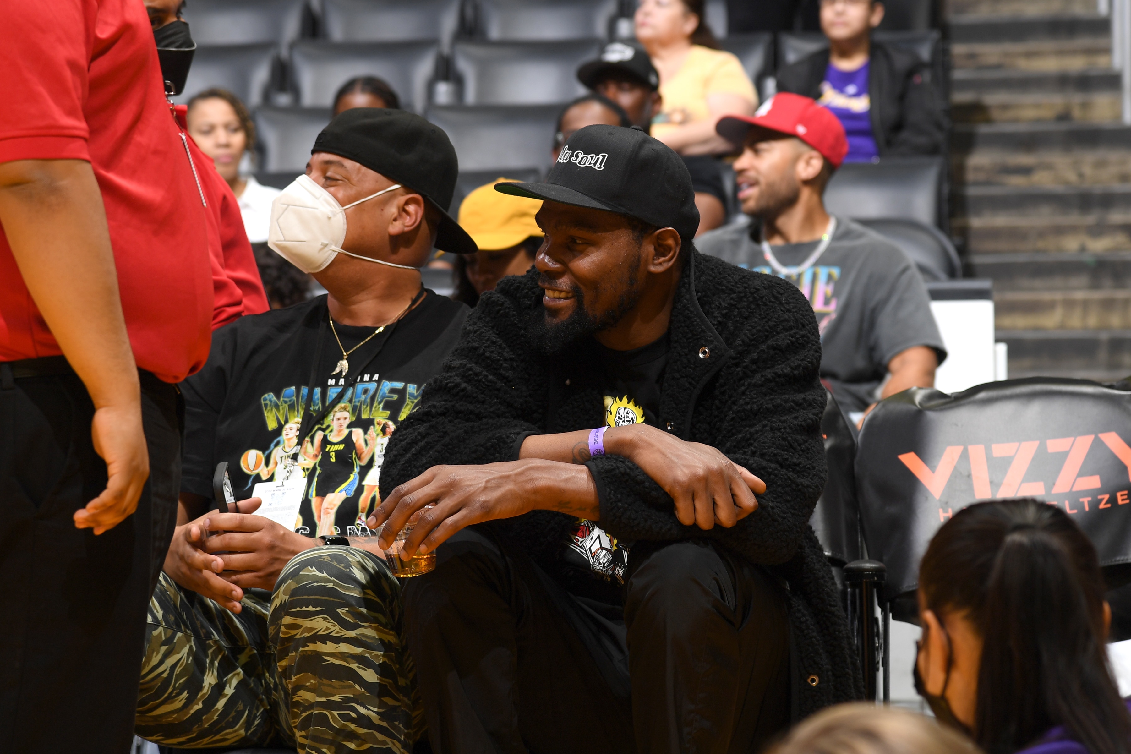 LOS ANGELES, CA - MAY 31: Kevin Durant attends the game between Los Angeles Sparks and Dallas Wings  on May 31, 2022 at Crypto.Com Arena in Los Angeles, California. NOTE TO USER: User expressly acknowledges and agrees that, by downloading and/or using this Photograph, user is consenting to the terms and conditions of the Getty Images License Agreement. Mandatory Copyright Notice: Copyright 2022 NBAE (Photo by Juan Ocampo/NBAE via Getty Images)