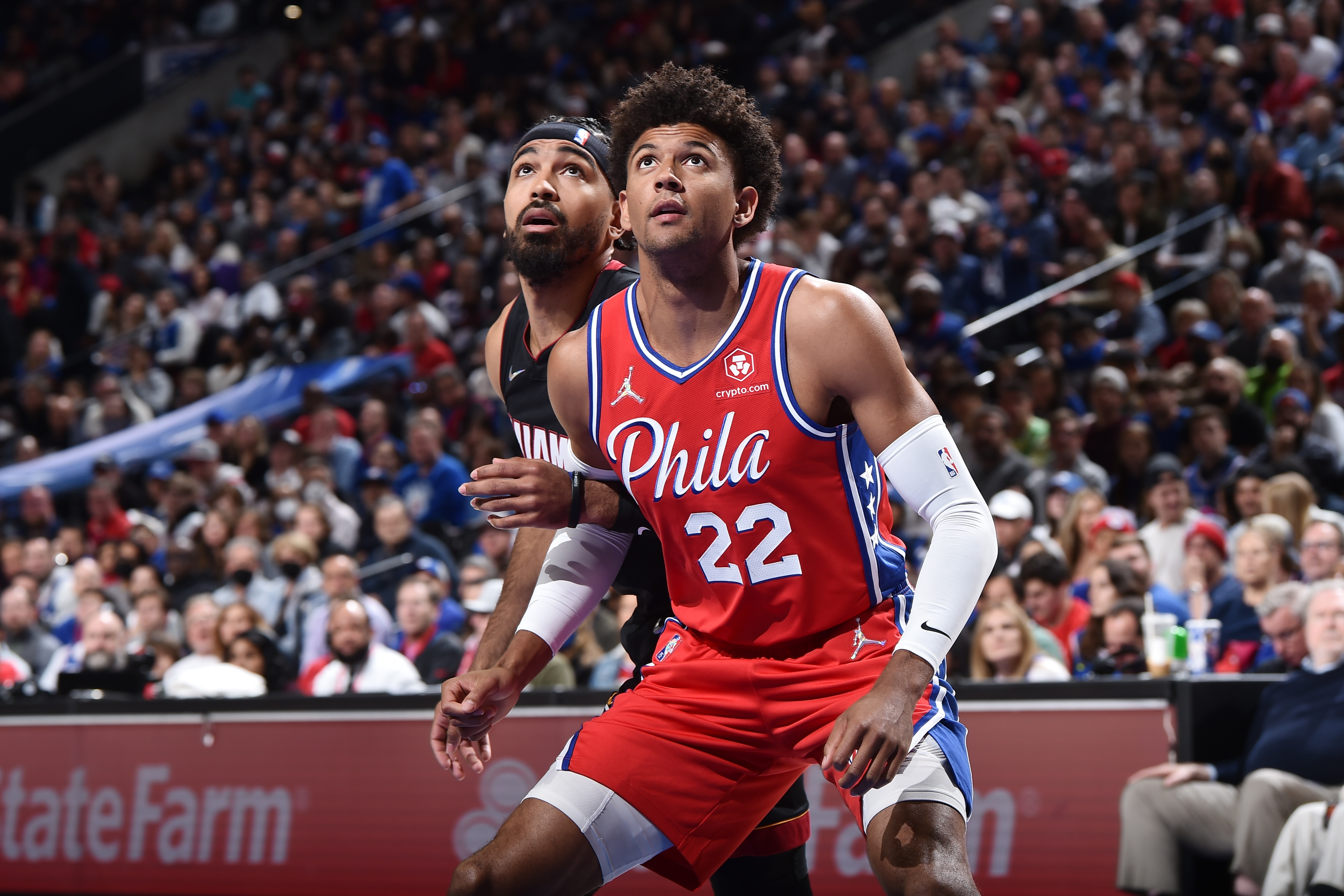 PHILADELPHIA, PA - MAY 8: Matisse Thybulle #22 of the Philadelphia 76ers boxes out during Game 4 of the 2022 NBA Playoffs Eastern Conference Semifinals against the Miami Heat on May 8, 2022 at the Wells Fargo Center in Philadelphia, Pennsylvania NOTE TO USER: User expressly acknowledges and agrees that, by downloading and/or using this Photograph, user is consenting to the terms and conditions of the Getty Images License Agreement. Mandatory Copyright Notice: Copyright 2022 NBAE (Photo by David Dow/NBAE via Getty Images)