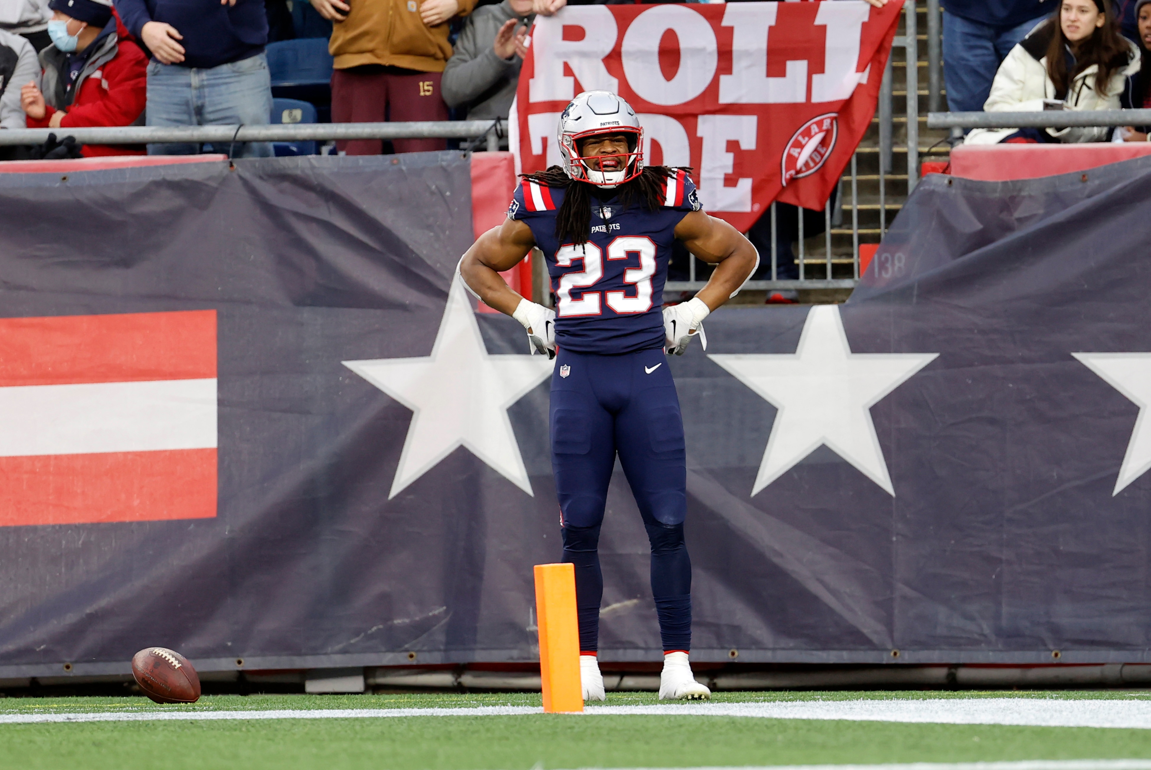 FOXBOROUGH, MA - JANUARY 02: New England Patriots defensive back Kyle Dugger (23) celebrates his pick during a game between the New England Patriots and the Jacksonville Jaguars on January 2, 2022, at Gillette Stadium in Foxborough, Massachusetts. (Photo by Fred Kfoury III/Icon Sportswire via Getty Images)