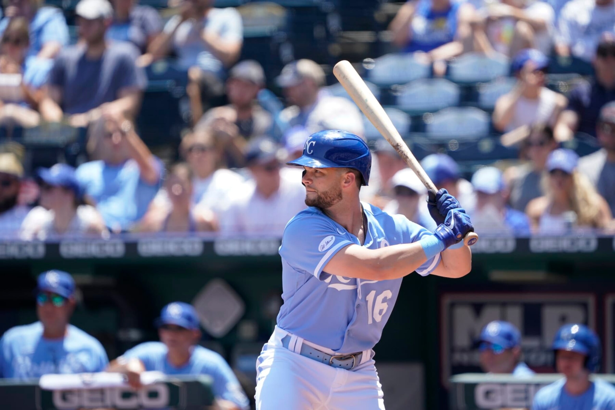 KANSAS CITY, MO - JULY 10: Andrew Benintendi #16 of the Kansas City Royals bats in action in the first inning against the Cleveland Guardians at Kauffman Stadium on July 10, 2022 in Kansas City, Missouri. (Photo by Ed Zurga/Getty Images)
