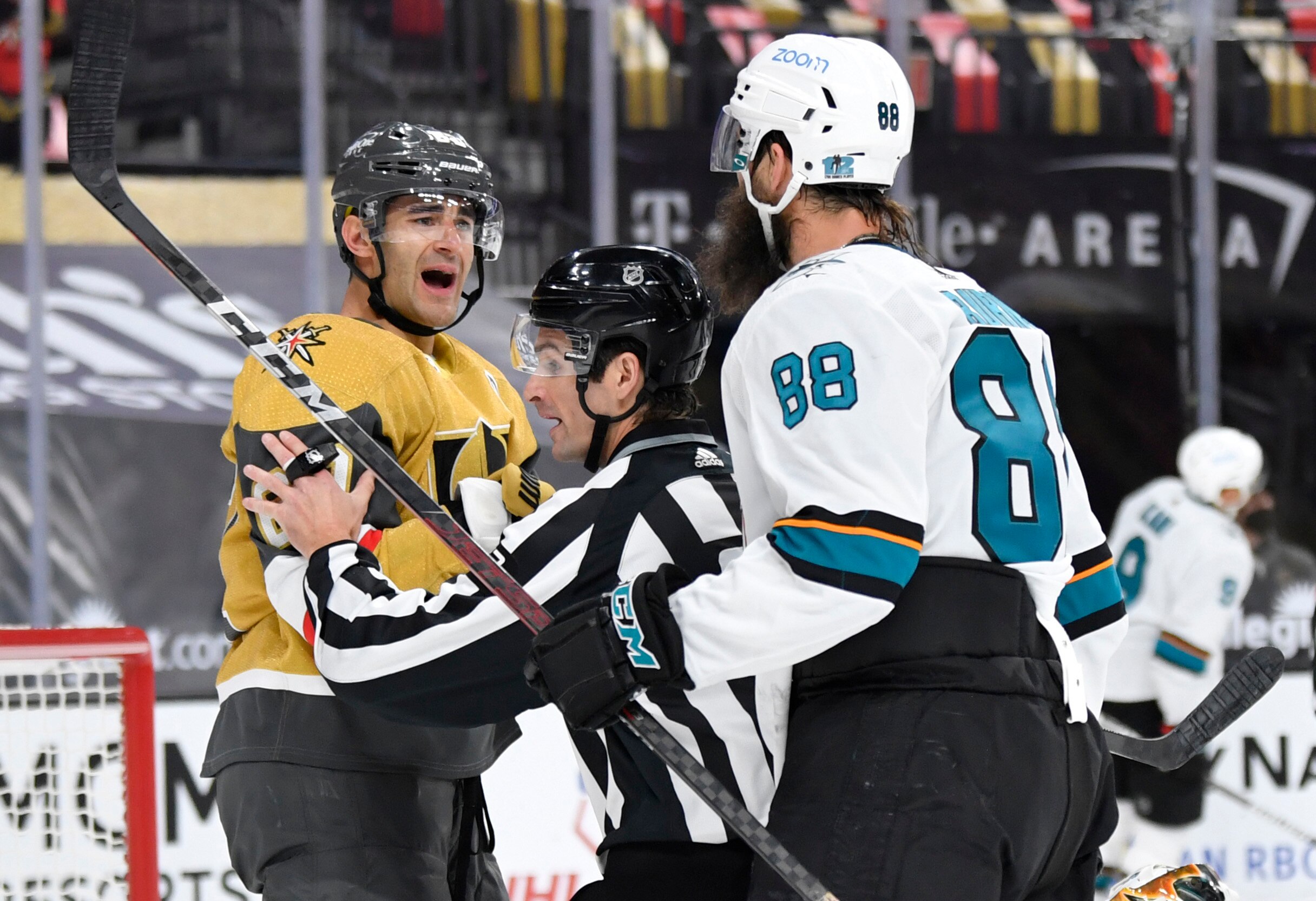 LAS VEGAS, NEVADA - APRIL 21: Max Pacioretty #67 of the Vegas Golden Knights has words with Brent Burns #88 of the San Jose Sharks during the first period of a game at T-Mobile Arena on April 21, 2021 in Las Vegas, Nevada. (Photo by Jeff Bottari/NHLI via Getty Images)