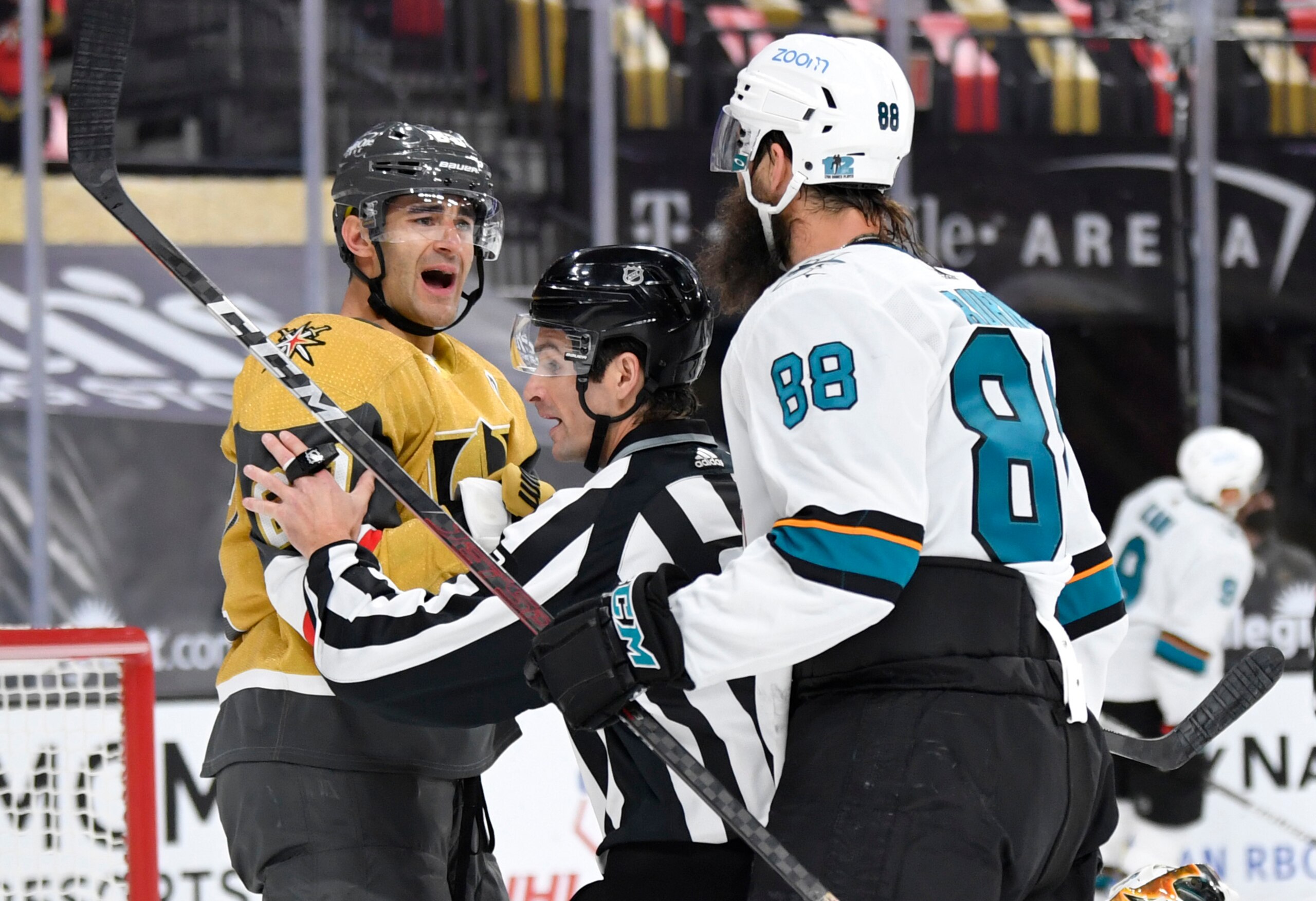 LAS VEGAS, NEVADA - APRIL 21: Max Pacioretty #67 of the Vegas Golden Knights has words with Brent Burns #88 of the San Jose Sharks during the first period of a game at T-Mobile Arena on April 21, 2021 in Las Vegas, Nevada. (Photo by Jeff Bottari/NHLI via Getty Images)