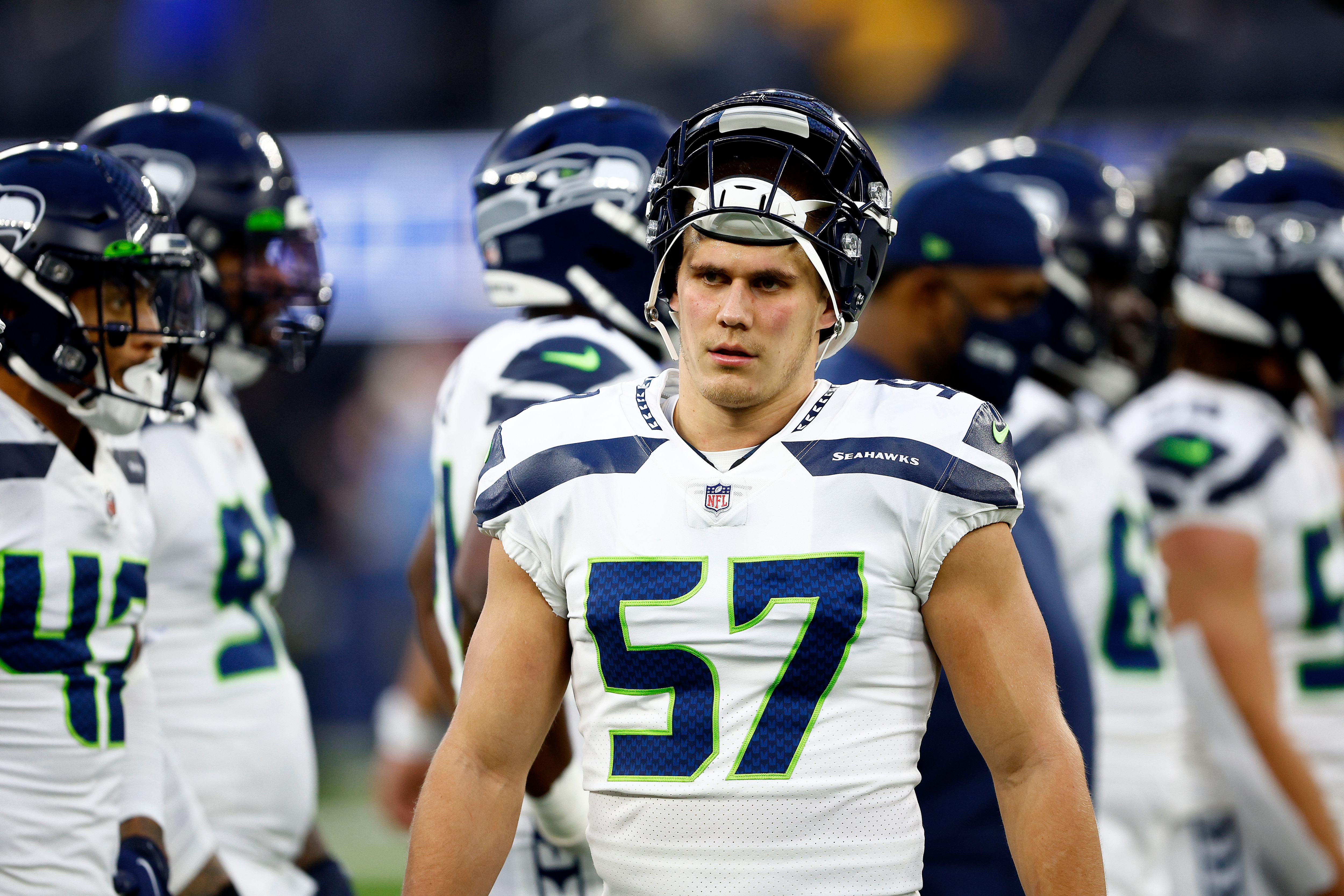 INGLEWOOD, CALIFORNIA - DECEMBER 21: Cody Barton #57 of the Seattle Seahawks looks on prior to a game against the Los Angeles Rams at SoFi Stadium on December 21, 2021 in Inglewood, California. (Photo by Sean M. Haffey/Getty Images)