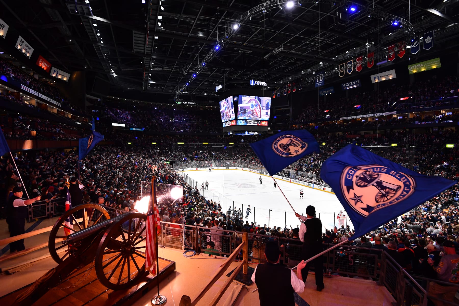 COLUMBUS, OH - APRIL 22: The cannon goes off after Jack Roslovic #96 of the Columbus Blue Jackets scores a goal against the Ottawa Senators during the first period at Nationwide Arena on April 22, 2022 in Columbus, Ohio.  (Photo by Ben Jackson/NHLI via Getty Images)